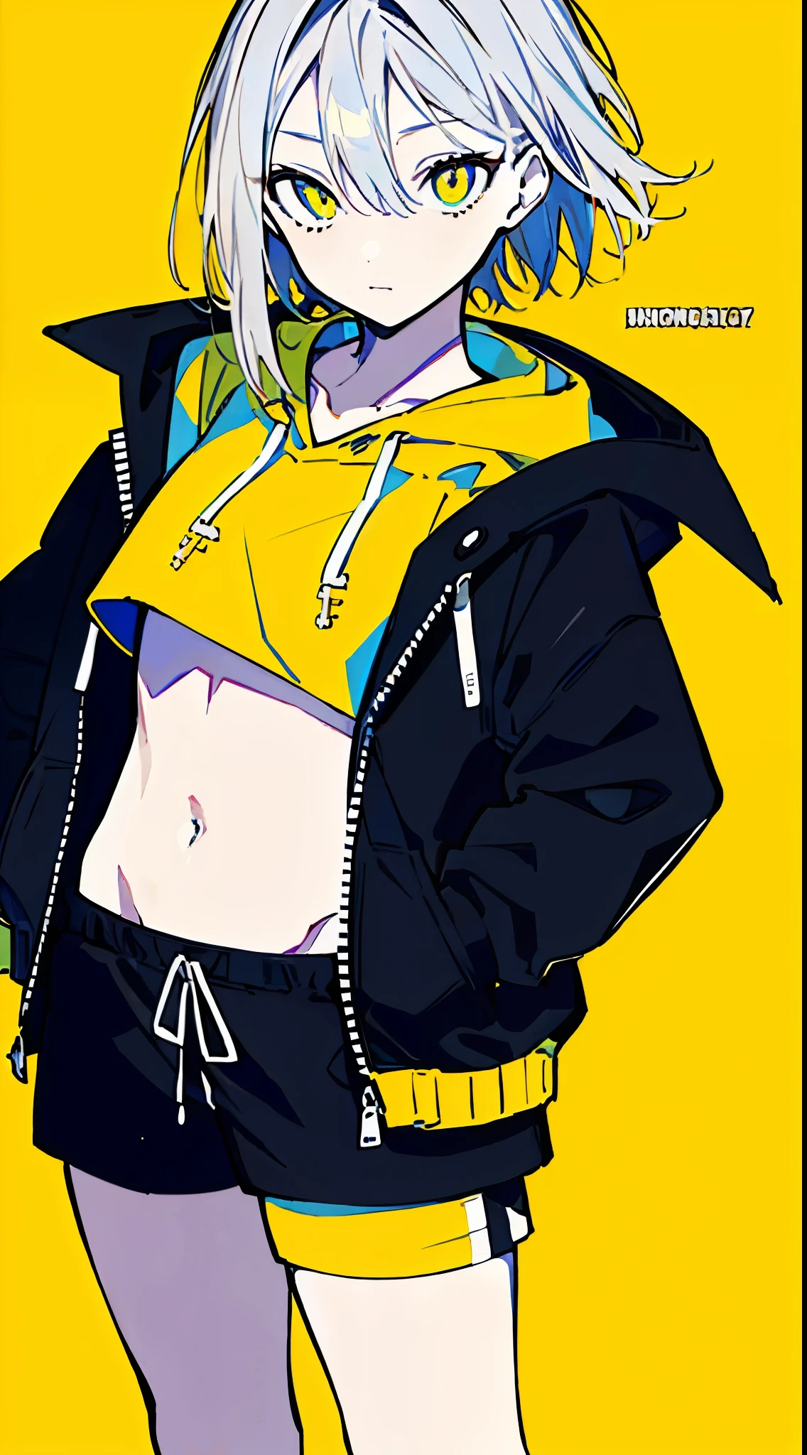 (masterpiece, highest quality:1.6), alone, thick outline, (simple background, Dark yellow background, monochrome, dark yellow theme:1.2), official art, Key Visual, 8K, disorganized, whole body, (Unique hair, Oversized Hoodies, hot pants, arch back, short torso:1.2), belly button, thighs, cowboy shot, HDR, sharp focus, High resolution, most detailed, very detailed, Super detailed, finely, detailed eyes and face, sharp pupils, realistic student