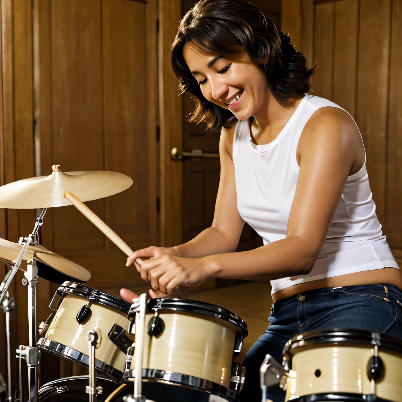 adolecente latino feliz tocando bateria