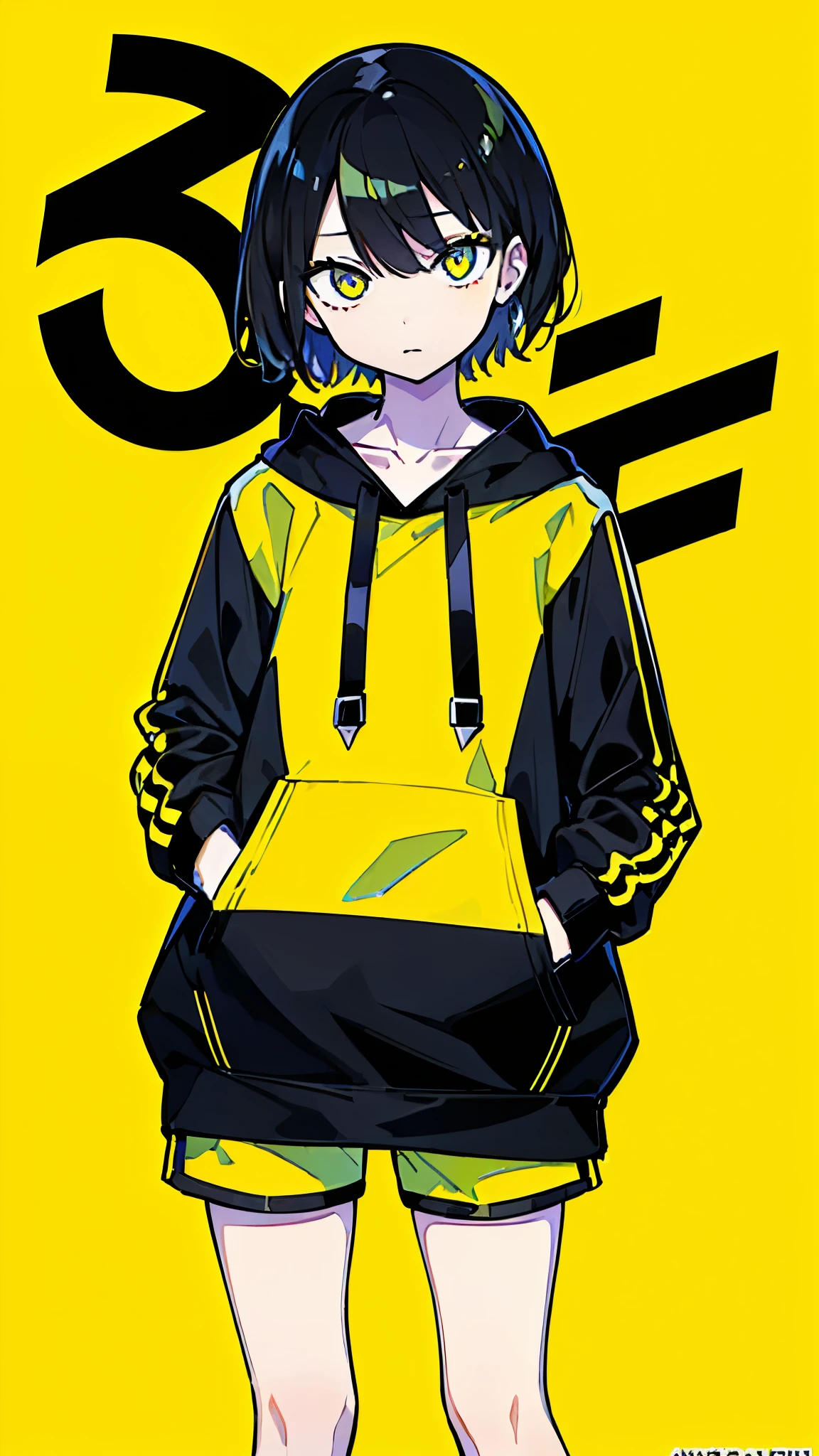 (masterpiece, highest quality:1.6), alone, thick outline, (simple background, Dark yellow background, monochrome, dark yellow theme:1.2), official art, Key Visual, 8K, disorganized, whole body, (Unique hair, Black oversized hoodie, The hoodie has black text on it., Yellow hot pants, arch back, short torso:1.2), belly button, thighs, cowboy shot, HDR, sharp focus, High resolution, most detailed, very detailed, Super detailed, finely, detailed eyes and face, sharp pupils, realistic student