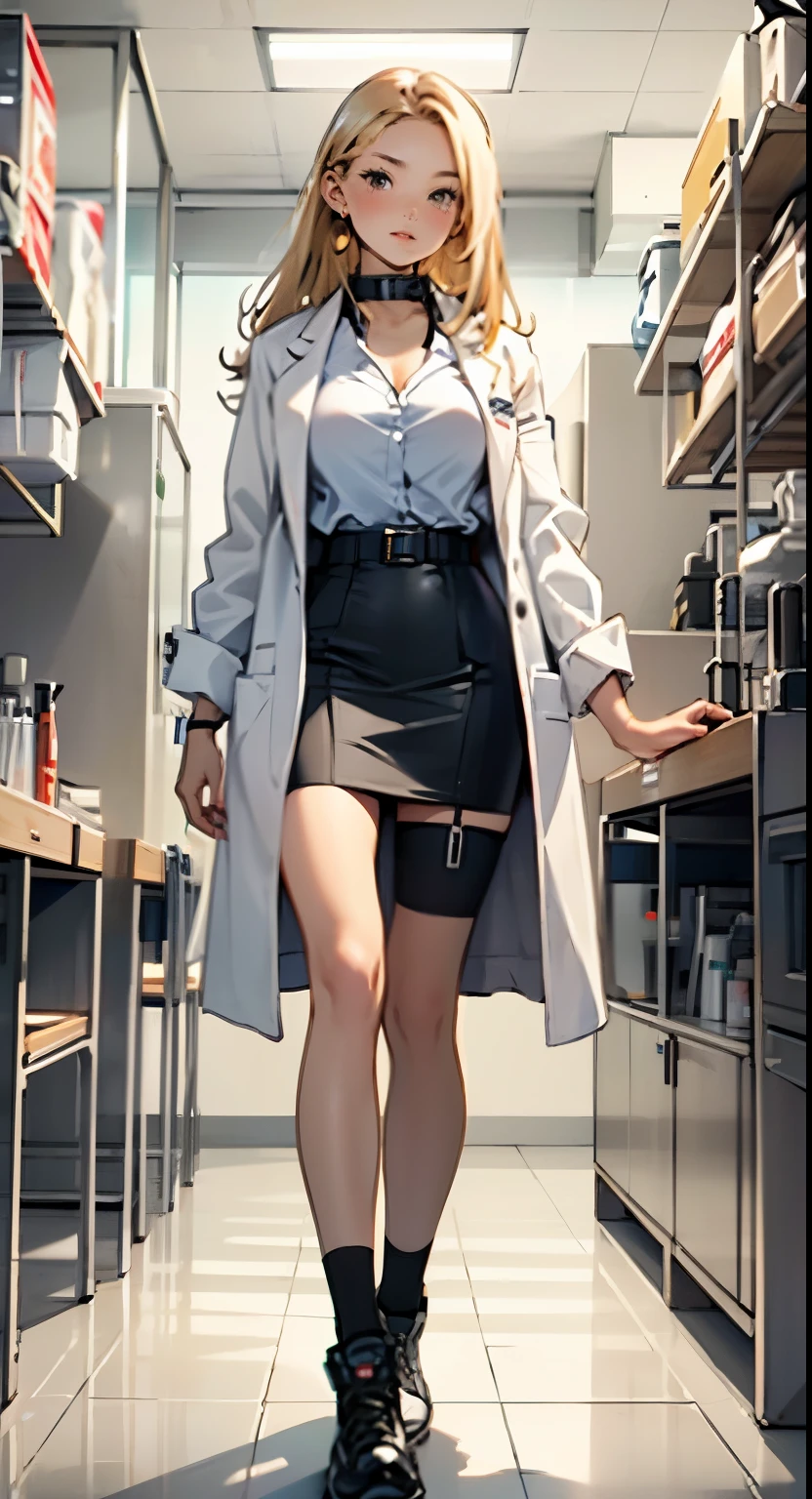 full body, american girl, golden straight shoulder length hair, very big tits, mini skirt under lab coat, ((iron collar)), future cyber office