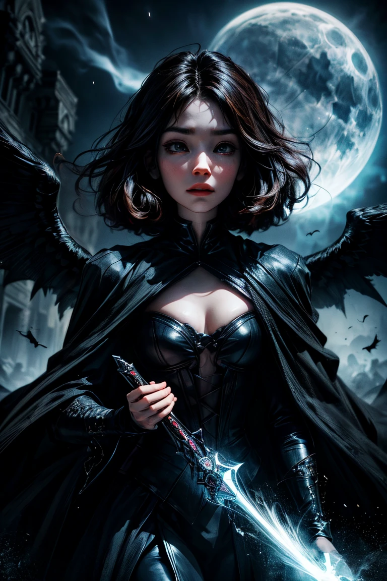 high quality, 8K Ultra HD, In the abyssal heart of enchantment, behold the ominous presence of the Dark Angel, crafted with audacious otherworldly finesse, Standing amidst the haunting shadows of a infernal castle, she is accompanied by a resplendent black creature, a mythical sentinel born from the very essence of nightmares, Its coat absorbs the eerie brilliance of spectral moonlight, embodying the darkness with an ethereal grace, With eyes reflecting the torment of epochs, the celestial herald proudly stands by the Dark Angel's side, forging a haunting duo in the infernal tapestry,　heir presence unfolds like a macabre symphony of ethereal radiance, the Dark Angel soaring with the bold grace of infernal majesty, by yukisakura, high detailed,
