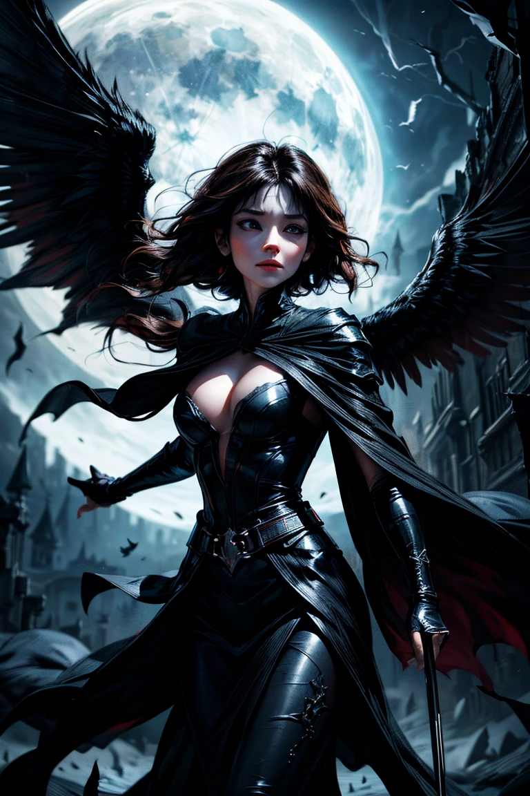 high quality, 8K Ultra HD, In the abyssal heart of enchantment, behold the ominous presence of the Dark Angel, crafted with audacious otherworldly finesse, Standing amidst the haunting shadows of a infernal castle, she is accompanied by a resplendent black creature, a mythical sentinel born from the very essence of nightmares, Its coat absorbs the eerie brilliance of spectral moonlight, embodying the darkness with an ethereal grace, With eyes reflecting the torment of epochs, the celestial herald proudly stands by the Dark Angel's side, forging a haunting duo in the infernal tapestry,　heir presence unfolds like a macabre symphony of ethereal radiance, the Dark Angel soaring with the bold grace of infernal majesty, by yukisakura, high detailed,
