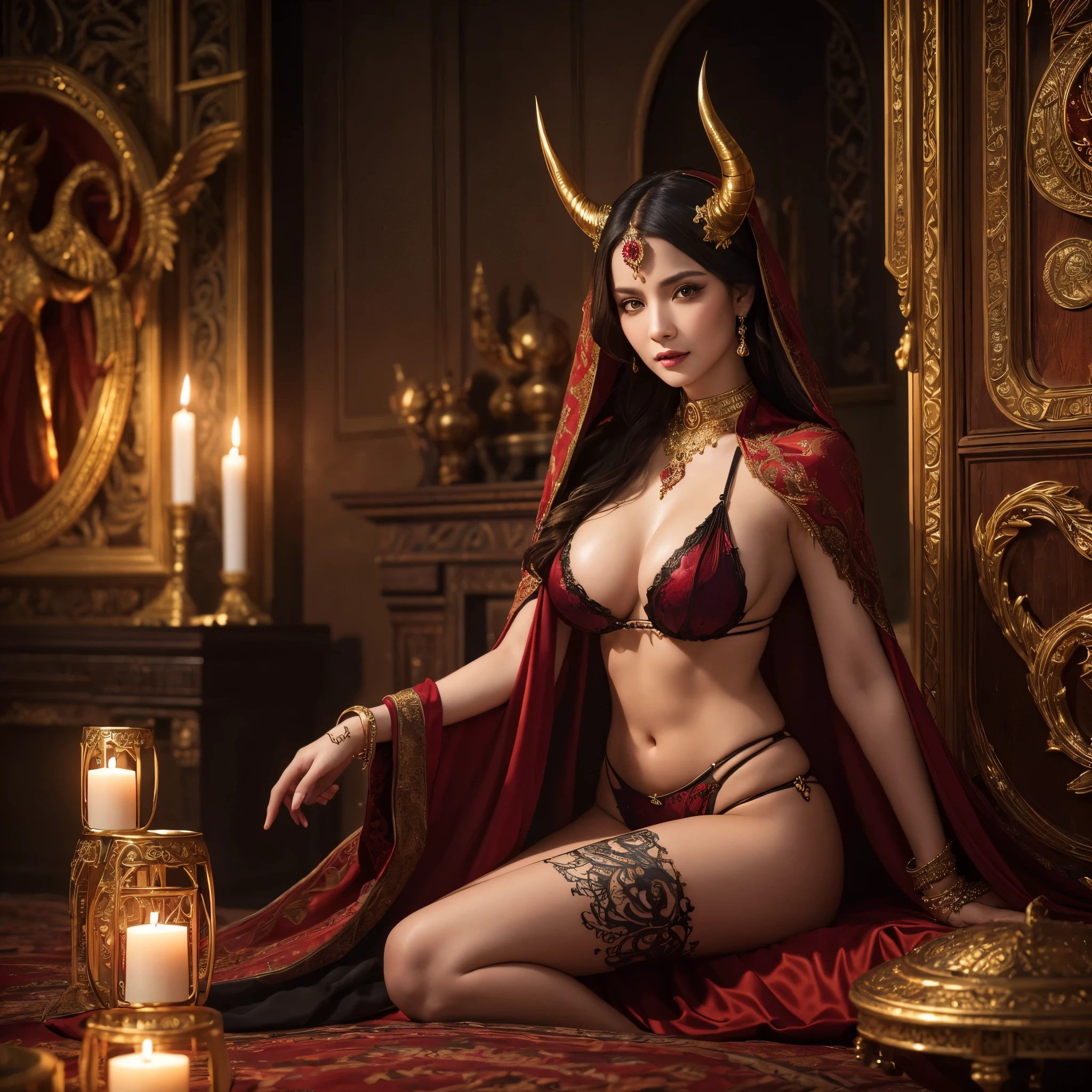 (best quality,highres:1.2),ultra-detailed,realistic,portrait,high fantasy,sexy busty Malaysian woman(age 40),jewel hijab,bikini,tames a devil,arcane chamber,well-lit room,vibrant colors,exquisite details,seductively poses,confident expression,mesmerizing eyes,long wavy hair,fine jewelry,ornate tattoos,chiseled features,soft skin,golden light,elaborate spell casting,richly decorated surroundings,enchanted atmosphere,mythical creatures in the background,elaborate tapestries,handsome yet sinister devil,subdued black and red color scheme,gentle candlelight,Northern European architecture,ethereal shimmer,curved horns,dark wings,burnished scales,dangerous yet alluring presence