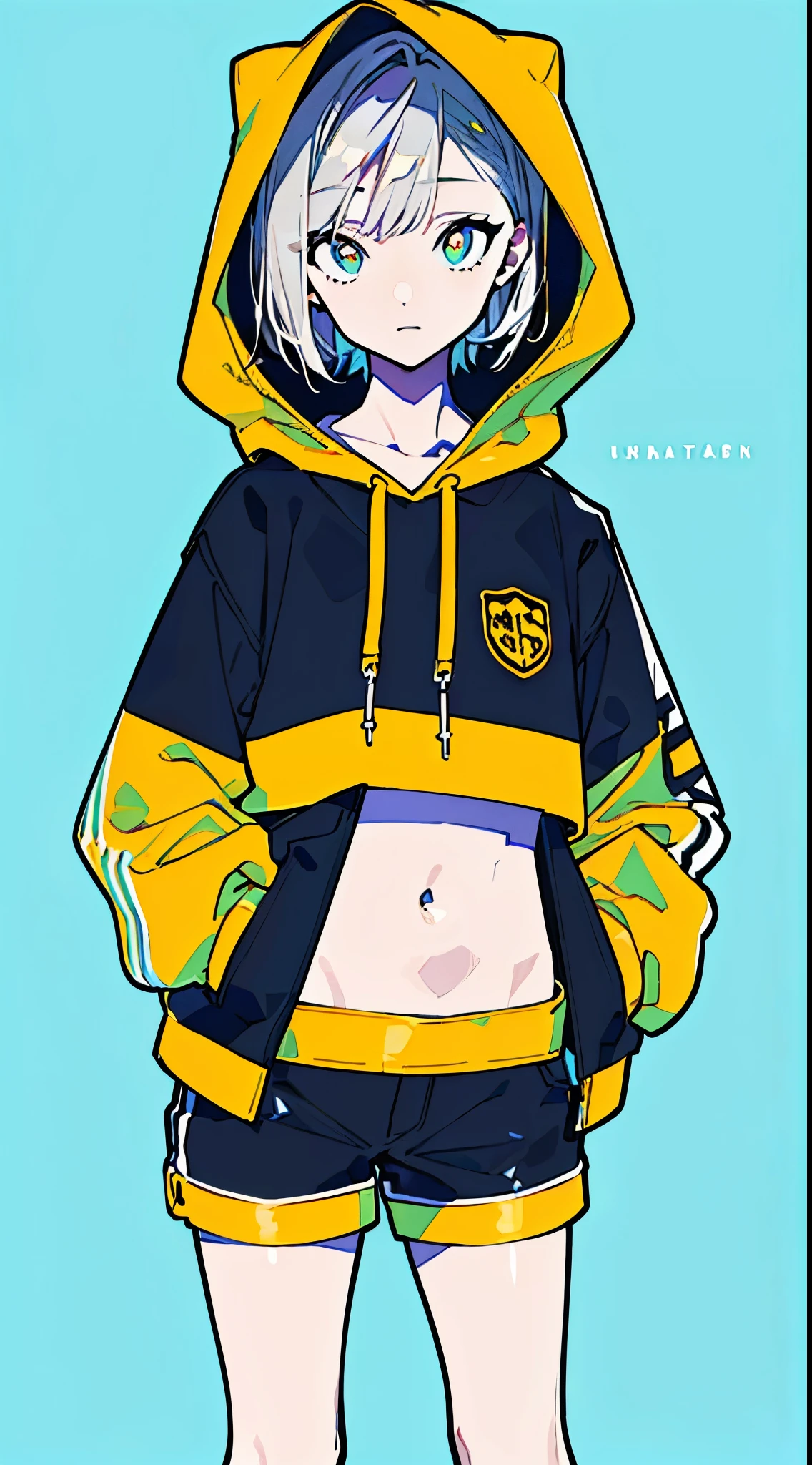 (masterpiece, highest quality:1.6), alone, thick outline, (simple background, Dark yellow background, monochrome, dark yellow theme:1.2), official art, Key Visual, 8K, disorganized, whole body, (Unique hair, Oversized Hoodies, hot pants, arch back, short torso:1.2), belly button, thighs, cowboy shot, HDR, sharp focus, High resolution, most detailed, very detailed, Super detailed, finely, detailed eyes and face, sharp pupils, realistic student, solo, contrast between yellow and light blue