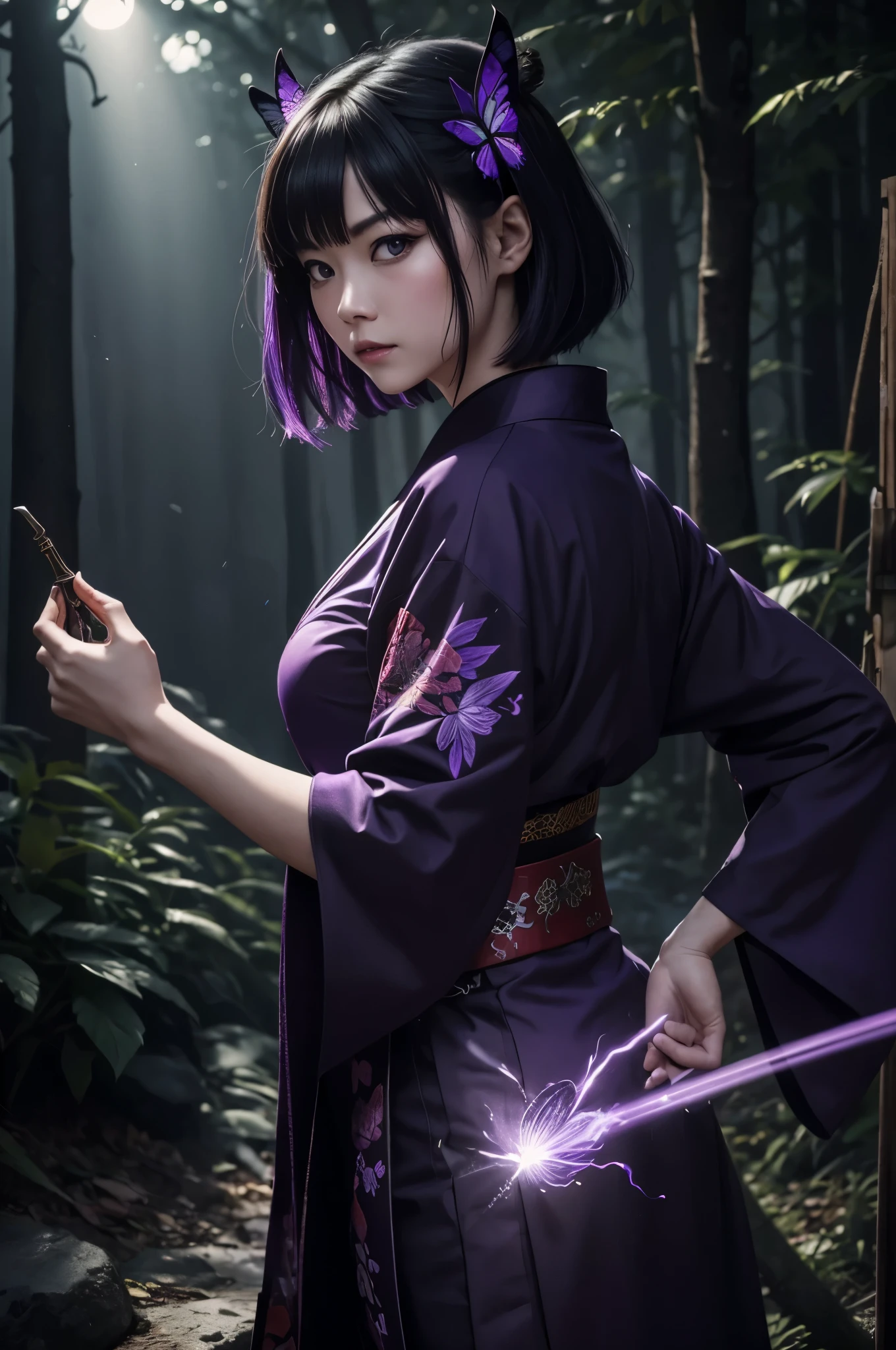8K,Women in traditional Japanese kimonos fighting,(Dark Shot:1.4), 80mm, (Dark Shot:1.4), 80mm, A magnificent reality, Big eyes,Black short bob hair,Black and purple butterfly hair ornament,Black kimono and red obi,黒と紫のButterfly embroidery(精密なButterfly embroidery),Purple eyes(Purple Effect),mat, art,Horror movie lights, Photo Lab, High resolution, 複雑で非常にdetailed, (Depth of written border:1.4), (Dark Shot:1.22), (artステーション:1.2), 超detailedな, dramatic, Intricate details, (Technicolor:0.9), (Rutkowski:0.8), Like a horror movie, detailed, Soft Light, sharp, Exposure Blending, Medium Shot, (Noir:0.4), horror light,sharp, Exposure Blending、Medium Shot,Photorealistic RAW photos of the highest quality。Backlight, Cinema Lighting, Film Grain, 50mm lens, Nikon D850,Realistic Skin,ファンタジーart,キャラクターart,超High resolution,Muscular and slim body,super Realistic Skin,Late Night,Underworld demon makeup,Battle Scenes,Action Scenes,Action pose,激しいAction pose,fierce fighting,Holding a dagger,Acrobatic pose,Fighting Style,Butterfly embroidery,Dim forest,