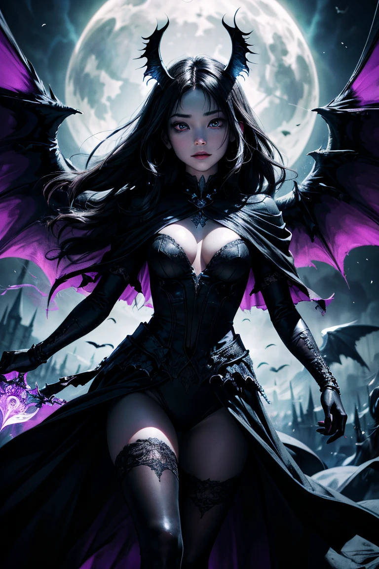 high quality, 8K Ultra HD, In the abyssal heart of enchantment, behold the ominous presence of the Dark Angel, crafted with audacious otherworldly finesse, Standing amidst the haunting shadows of a infernal castle, she is accompanied by a resplendent black creature, a mythical sentinel born from the very essence of nightmares, Its coat absorbs the eerie brilliance of spectral moonlight, embodying the darkness with an ethereal grace, With eyes reflecting the torment of epochs, the celestial herald proudly stands by the Dark Angel's side, forging a haunting duo in the infernal tapestry,　heir presence unfolds like a macabre symphony of ethereal radiance, the Dark Angel soaring with the bold grace of infernal majesty, by yukisakura, high detailed,
