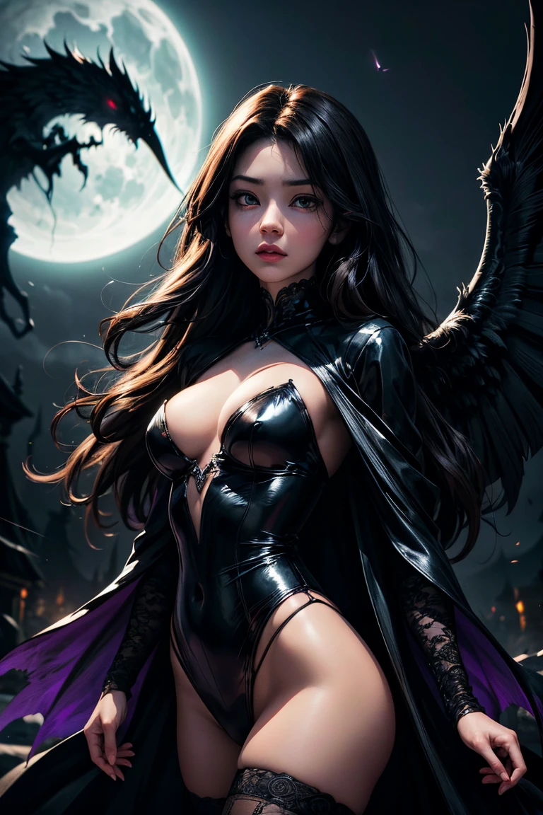 high quality, 8K Ultra HD, In the abyssal heart of enchantment, behold the ominous presence of the Dark Angel, crafted with audacious otherworldly finesse, Standing amidst the haunting shadows of a infernal castle, she is accompanied by a resplendent black creature, a mythical sentinel born from the very essence of nightmares, Its coat absorbs the eerie brilliance of spectral moonlight, embodying the darkness with an ethereal grace, With eyes reflecting the torment of epochs, the celestial herald proudly stands by the Dark Angel's side, forging a haunting duo in the infernal tapestry,　heir presence unfolds like a macabre symphony of ethereal radiance, the Dark Angel soaring with the bold grace of infernal majesty, by yukisakura, high detailed,
