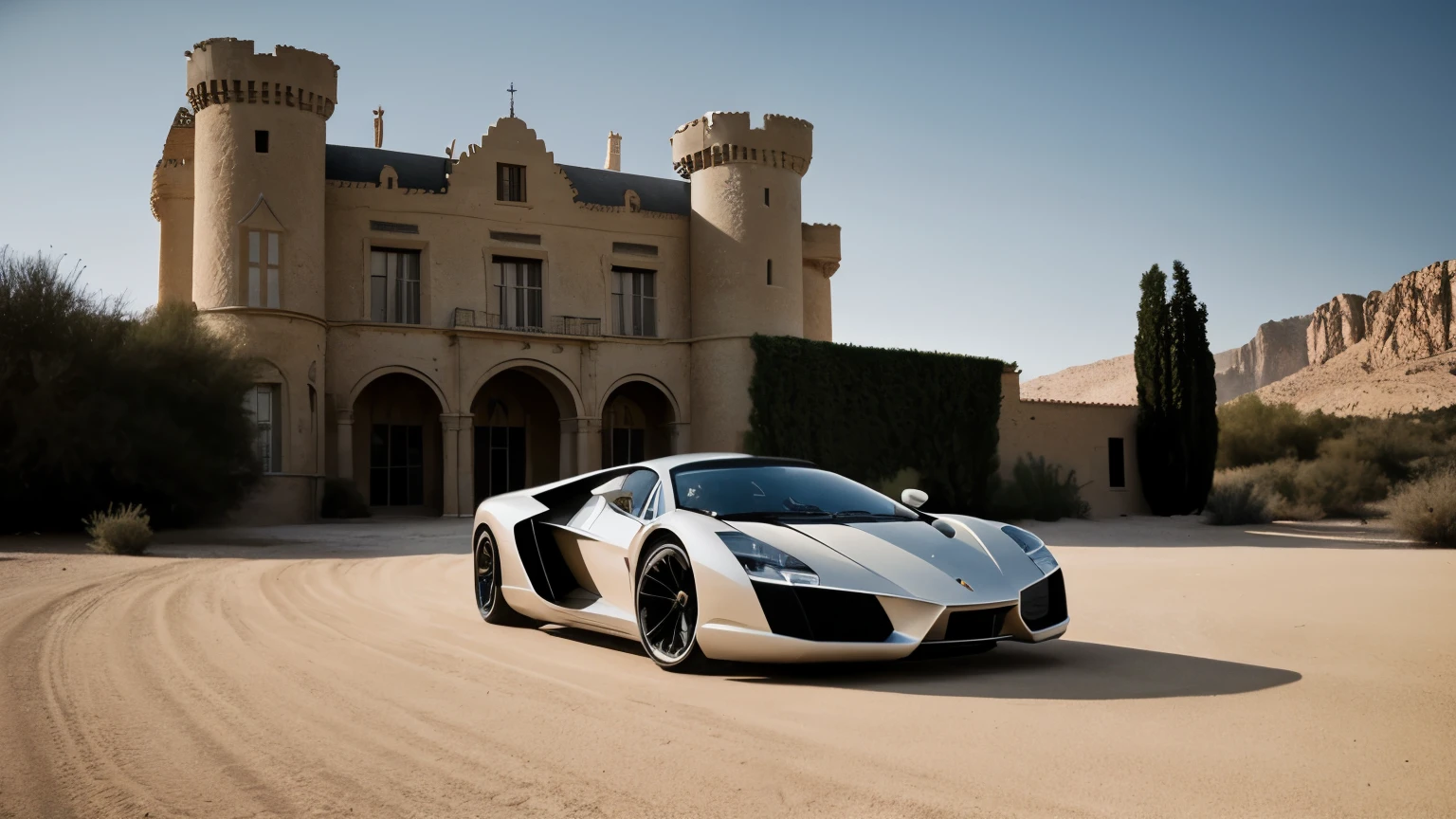 photo professionnelle d'une super car dans un desert avec un chateau retrofuturiste dans le fond epic composition. cinematic light. arriflex, angenieux lens.