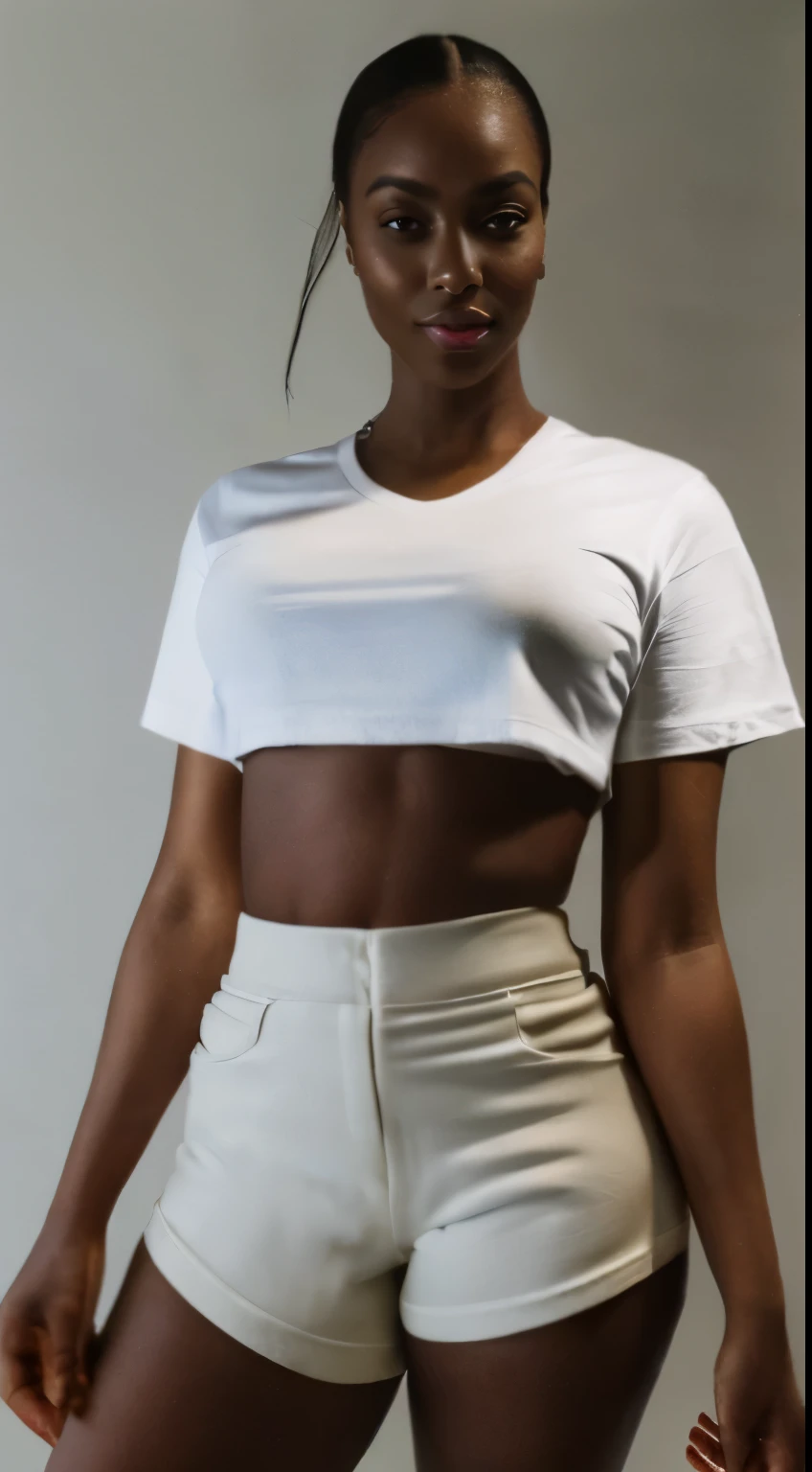 (ultra high definition), (ultra high definition), (full sharpness), (maximum quality), (Cinematic), (8k), (very black Girl), ((very tall girl), ((chubby)), ((extremely beautiful)), (alone), ((full body)), (ultra detailed face), (ultra detailed eyes), (ultra realist eyes), (perfect body), (delicate hands), (very detailed hands), (studio lighting), ((front view)), (very sexy), (malicious smile), (soft skin), (very insinuating), ((perky butt)), (((wearing shorts and t-shirt))), ((ultra wide hips)), (very thick thighs), ((very thin waist)), (very small breasts), (very big ass), (natural skin), (unique), (totally realistic), (very hot), (very fat ass), (very wide ass), (so sweet), temptation), (very wide pubis), (broad bones), (very round ass), ((no belly)), ((flat belly))