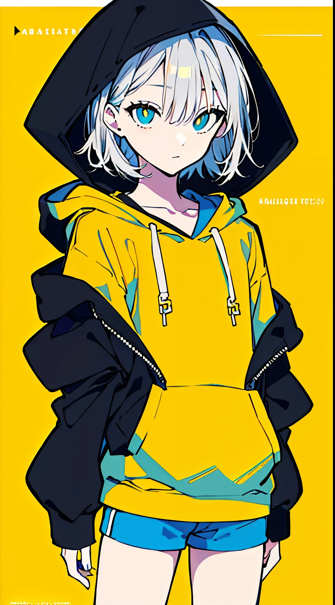 (masterpiece, highest quality:1.6), alone, thick outline, (simple background, Dark yellow background, monochrome, dark yellow theme:1.2), official art, Key Visual, 8K, disorganized, whole body, (Unique hair, Oversized Hoodies, hood, hot pants, arch back, short torso:1.2), belly button, thighs, cowboy shot, HDR, sharp focus, High resolution, most detailed, very detailed, Super detailed, finely, detailed eyes and face, sharp pupils, realistic student, solo, contrast between yellow and light blue