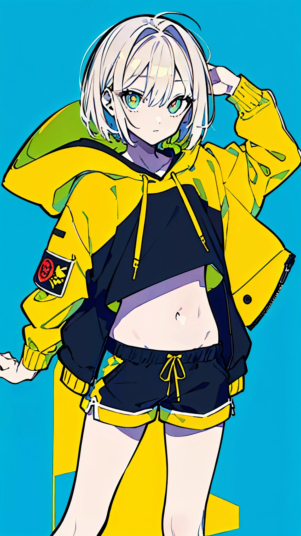 (masterpiece, highest quality:1.6), alone, thick outline, (simple background, Dark yellow background, monochrome, dark yellow theme:1.2), official art, Key Visual, 8K, disorganized, whole body, (Unique hair, Oversized Hoodies, hot pants, arch back, short torso:1.2), belly button, thighs, cowboy shot, HDR, sharp focus, High resolution, most detailed, very detailed, Super detailed, finely, detailed eyes and face, sharp pupils, realistic student, solo, contrast between yellow and light blue