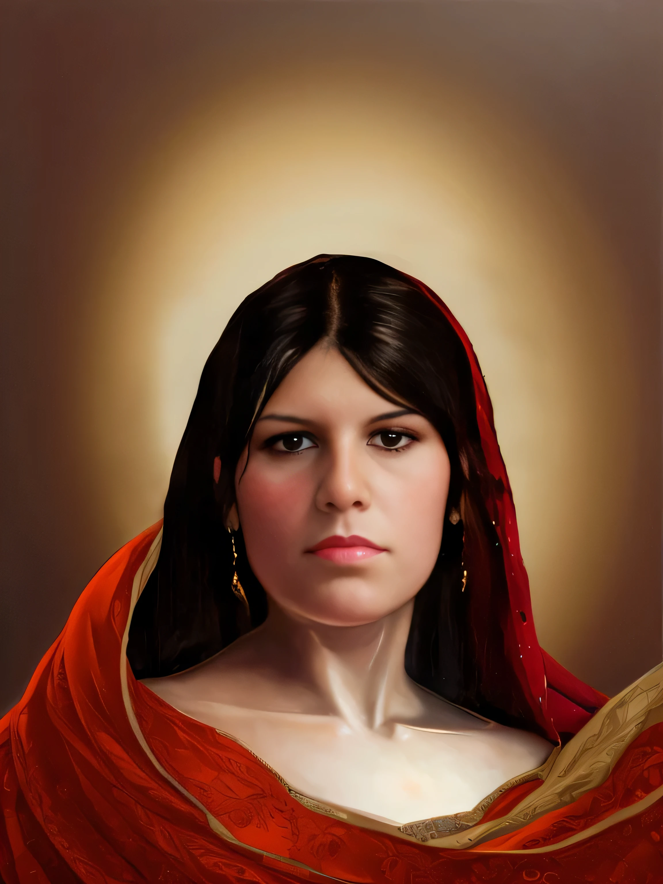 arafid woman in a red sari with a golden halo, pintura realista da mulher espanhola, retrato de darna moderno, pintura digital renascentista, realistic woman oil painting, retrato feminino realista, Retrato de Morana, retrato pintado centrado no lado, retrato close-up da deusa, retrato colorido detalhado, retrato da virgem maria, retrato detalhado de uma mulher, retrato bonito de uma mulher