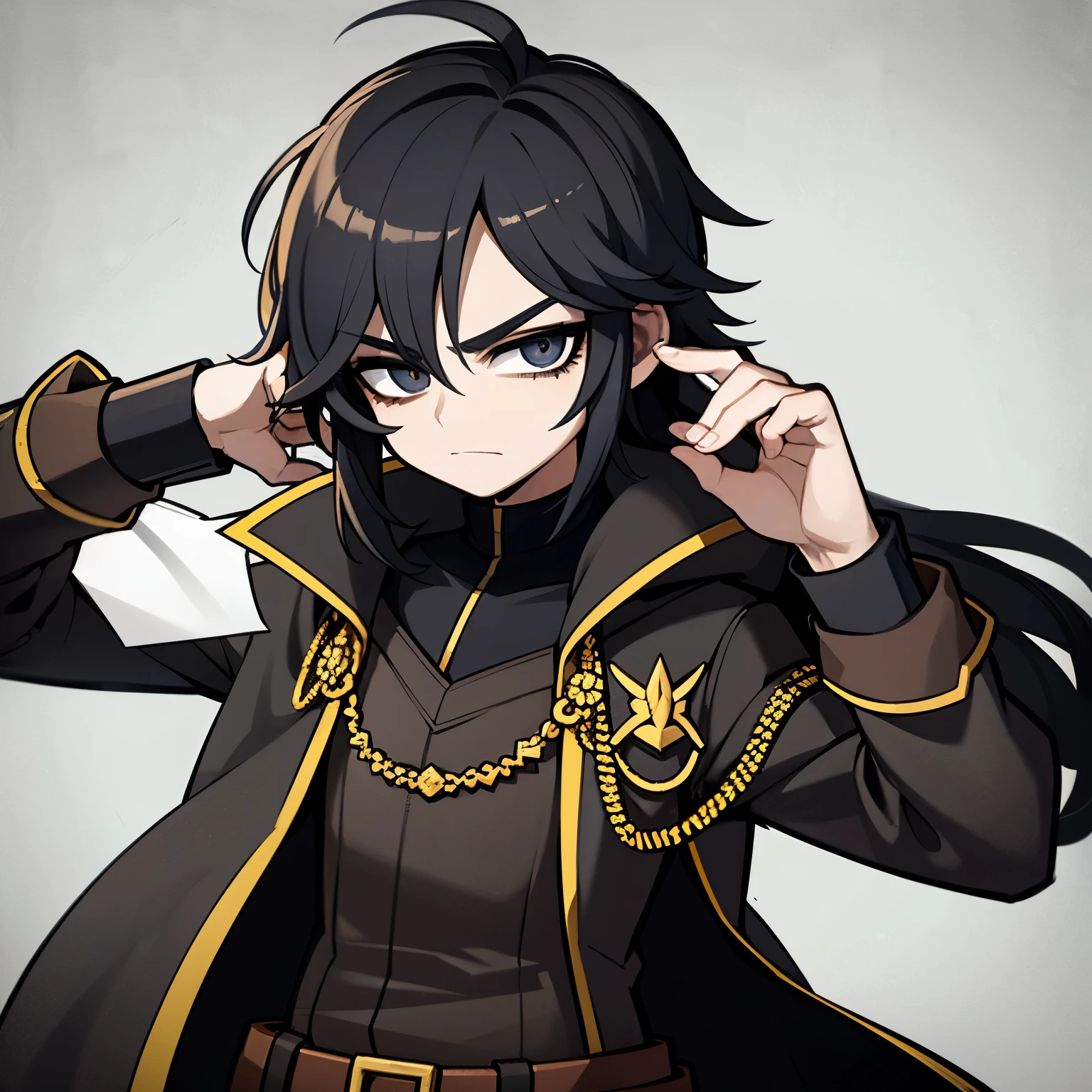 Gender unknown male black hair long hair black eye black cloak warrior
