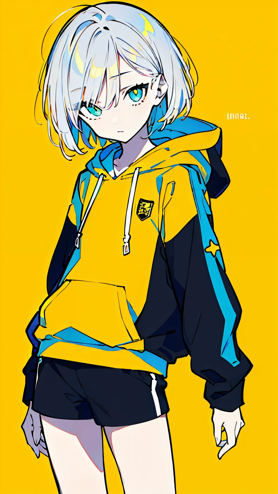 (masterpiece, highest quality:1.6), alone, thick outline, (simple background, Dark yellow background, monochrome, dark yellow theme:1.2), official art, Key Visual, 8K, disorganized, whole body, (Unique hair, Oversized Hoodies, hood, hot pants, arch back, short torso:1.2), belly button, thighs, cowboy shot, HDR, sharp focus, High resolution, most detailed, very detailed, Super detailed, finely, detailed eyes and face, sharp pupils, realistic student, solo, contrast between yellow and light blue