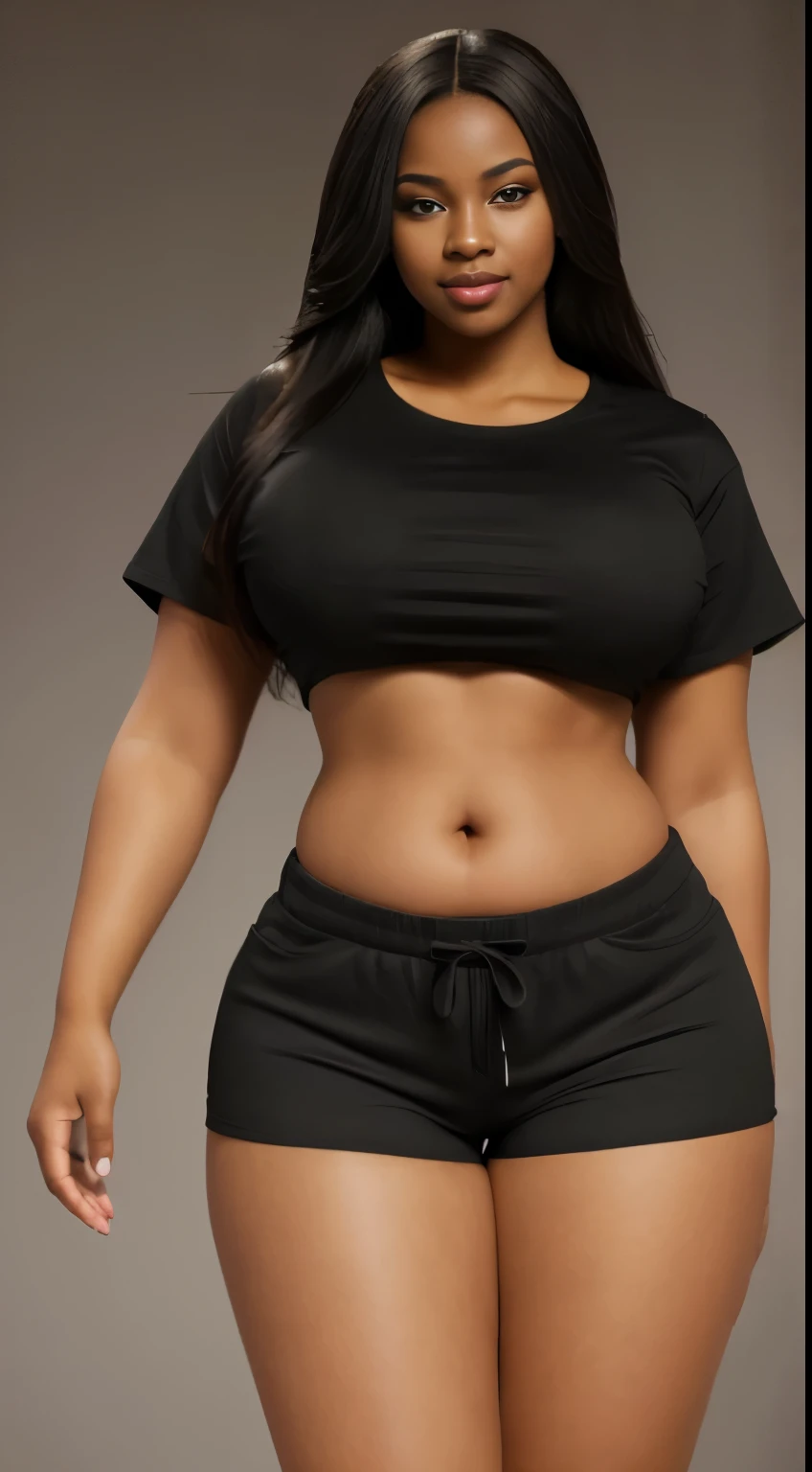 (ultra high definition), (ultra high definition), (full sharpness), (maximum quality), (Cinematic), (8k), (very black Girl), ((very tall girl), ((chubby)), ((extremely beautiful)), (alone), ((full body)), (ultra detailed face), (ultra detailed eyes), (ultra realist eyes), (perfect body), (delicate hands), (very detailed hands), (studio lighting), ((front view)), (very sexy), (malicious smile), (soft skin), (very insinuating), ((perky butt)), (((wearing shorts and t-shirt))), ((ultra wide hips)), (very thick thighs), ((very thin waist)), (very small breasts), (very big ass), (natural skin), (unique), (totally realistic), (very hot), (very fat ass), (very wide ass), (so sweet), temptation), (very wide pubis), (broad bones), (very round ass), ((no belly)), ((flat belly))