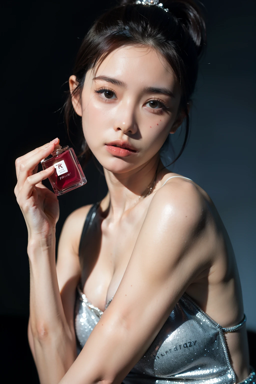 8k, RAW photo, Fujifilm, fashion model holding perfume merchandise background blue