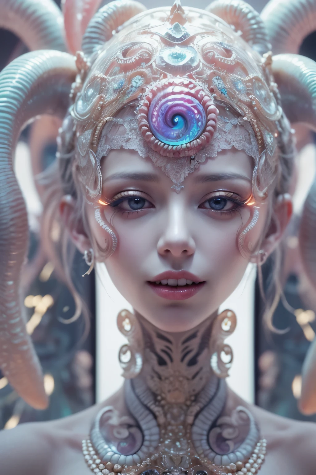 (A portrait of one beautiful and obscene female alien who is a young ager:1.4), ((There is a female genital-like organ in the middle of her forehead:1.8)), (realistic face:1.2), (Numerous award-winning masterpieces, with incredible detail, textures and maximum detail), artistic photography, midnight aura, unreal engine 5, Ultra Sharp Focus, art by Amano Yoshitaka, ArtGerm, Roisch, intricate artwork, ultra realistic realism, high resolution, High freshness, drawing faithfully, official art, Unity 8K Wall paper, ultra detailed artistic photography, dream-like, Creation of fantasy, dream Snail, (biopunk nautilus:1.3),Thrilling color schemes, seductively smiling, Amazing mutation, well-proportioned body, goddess of the deep sea, fractal, Geometric pattern, impossible figures, (translucent white tentacles with luminescent organs:1.4), subtle emerald green accents, (smiling seductively:1.3),(She has the most beautiful face in the history of the universe:1.5), Penelope Cruz, (she is looking down at viewers with glowing iridescent eyes with no pupils:1.3), an evil gaze that seduces, cinematic lighting, (Vampire-like long canine teeth can be glimpsed through the gap between the cute lips:1.3), in the hall of the palace, Sweet breath is exhaling from beautiful lips, ecstatic expression,