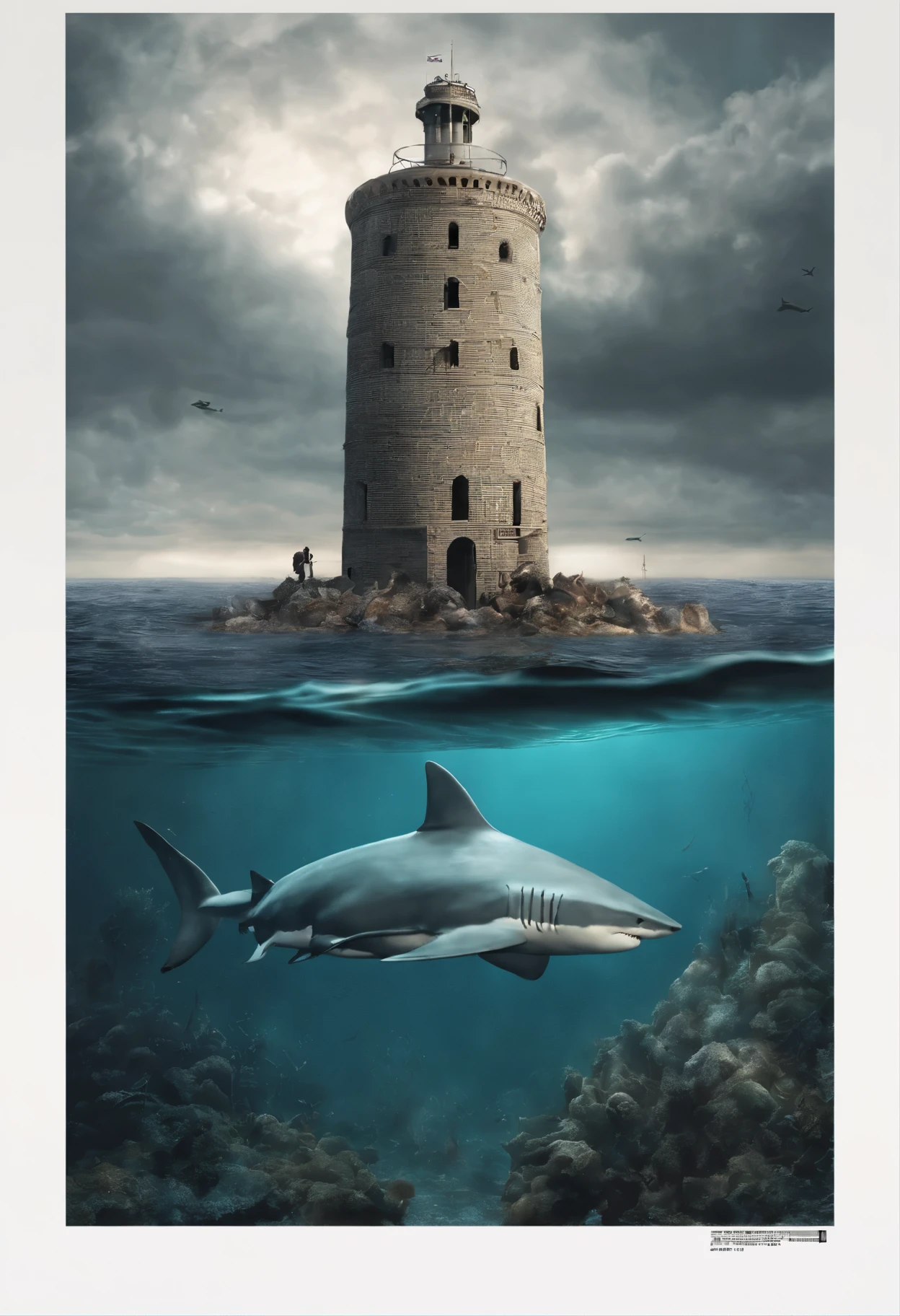 Obra maestra, Obra maestra, hiperrealismo, cinematographic image, 8k, Profundidad de campo, cinema lighting, a post apocalyptic shot of a seabed. (torre de pisa en el fondo del mar en ruinas),Lleno de verdor, image Post apocalyptic and dystopian., torre rota, ((en el agua hay peces  y (shark ))),.((debajo del agua))