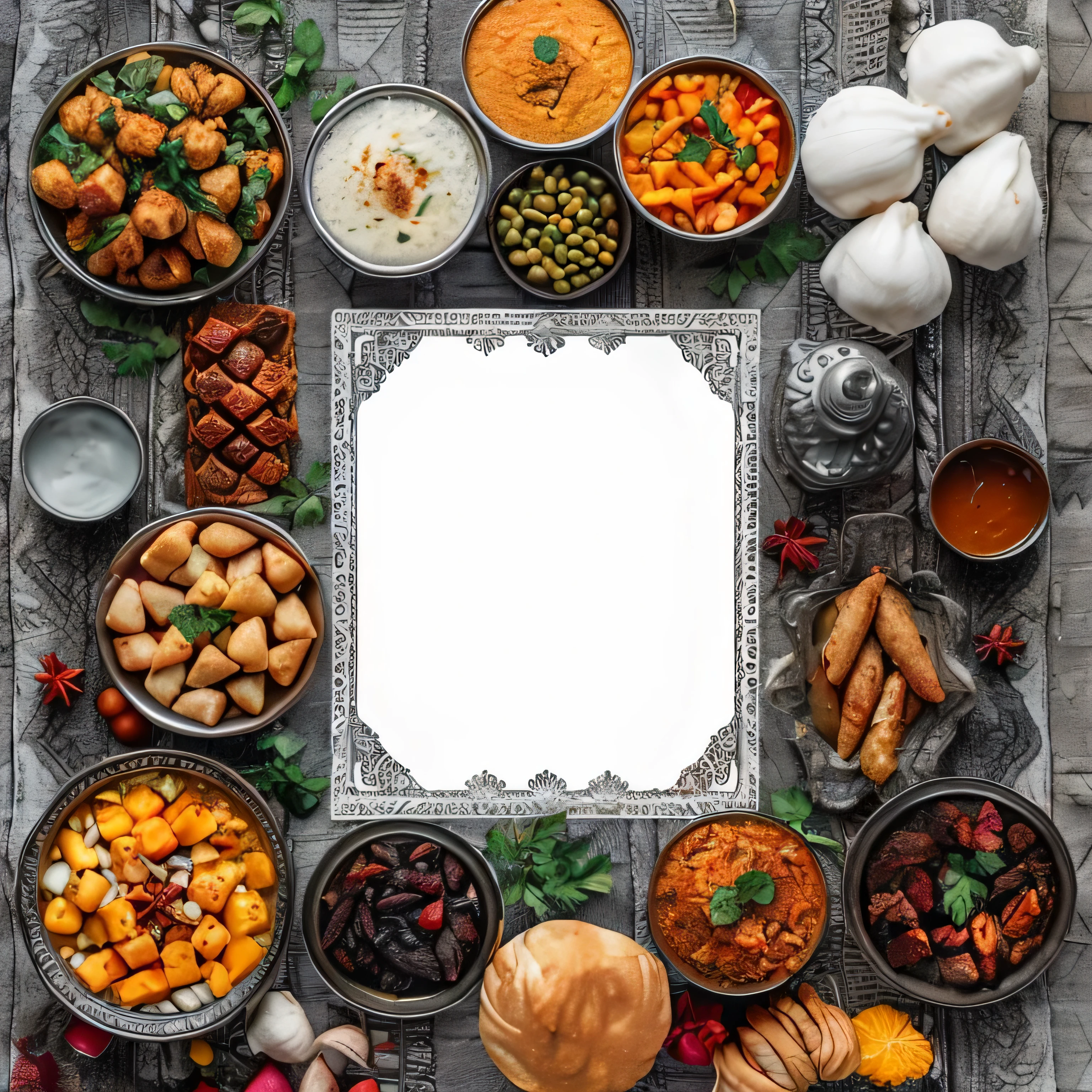 a close up of a table with a variety of food on it, middle eastern, moroccan, the table is full of food, food photo, middle eastern details, middle eastern style vendors, center of picture, food advertisement, white border and background, offering a plate of food, mixture turkish and russian, food photography, super realistic food picture, food photograph, complex background