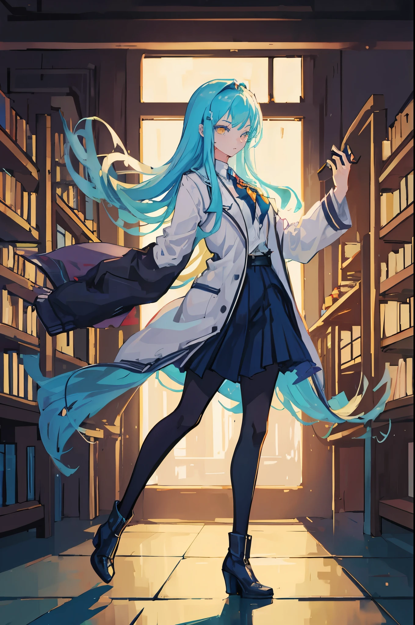 A slim anime girl with long blue hair，1.76 meters，Indigo long trench coat，Round toe heels，，Windbreaker to heel，，Librarian，Indigo blue boots full body image，From the Library of Ruins，Ruined library style，from Lobotomy Inc.，black pantyhose，golden eyes golden shining pupils， PremiumQuality， highest quality，from Lobotomy Inc.， Moon Project风格，Moon Project,，Black blazer，Angela