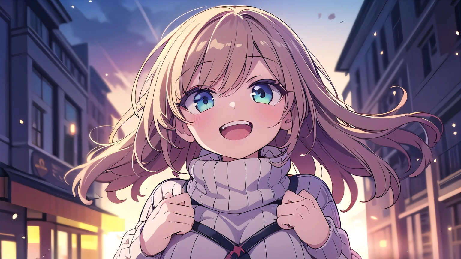 ((best quality)), ((masterpiece)), (detailed), perfect face, a girl, cosy sweater on, upper body, (huge Laughing:1.1), (open mouth:1.1), (wide open eyes:1.2), sun glare, bokeh, depth of field, blurry background, light particles, strong wind, (heart particles:1.1)