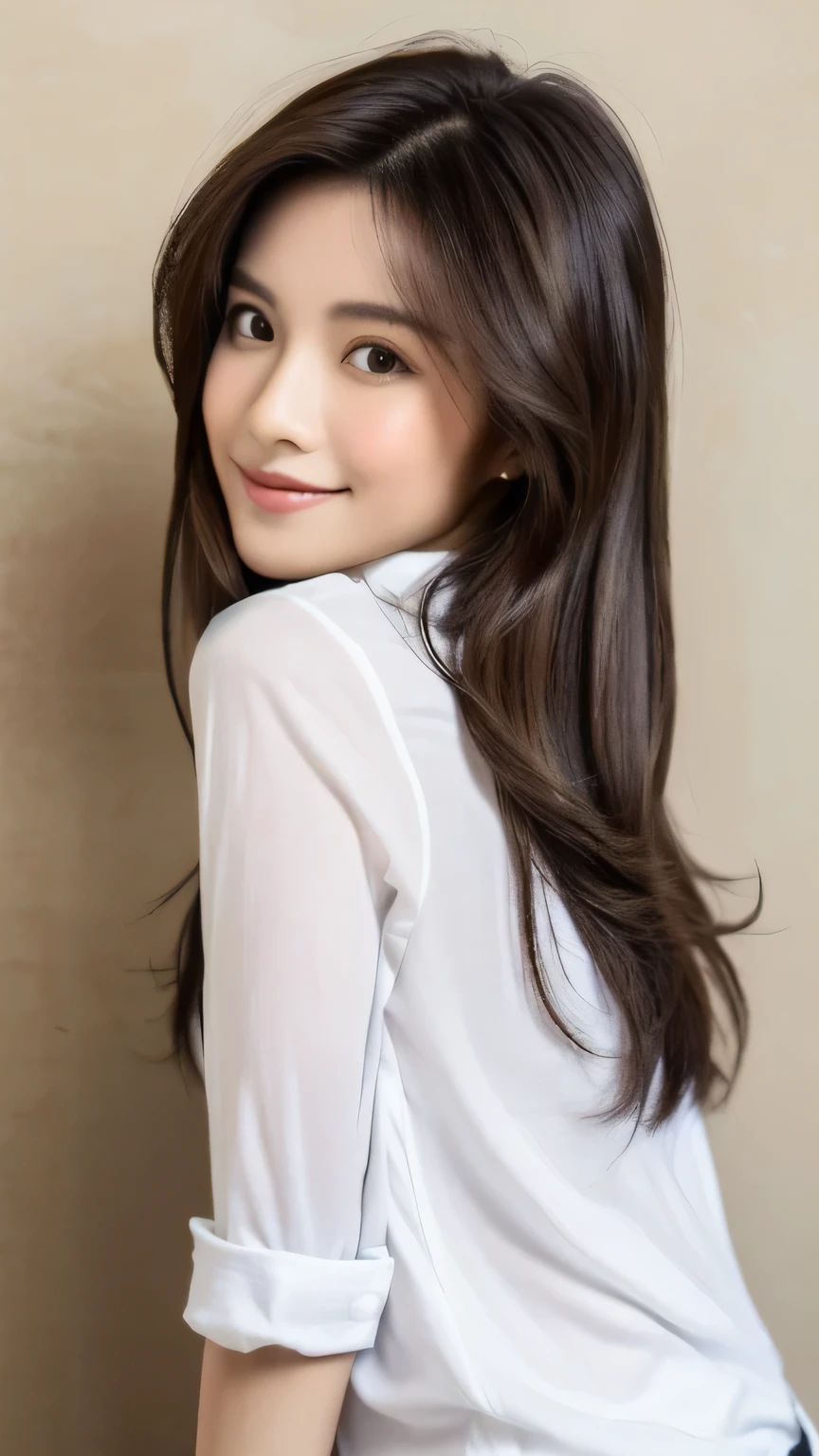 ((best quality, 8K, masterpiece:1.3, medium long shot photo:1.5, Sharp:1.2, balance light:1.5)),
beautiful female figure:1.4, sexy body, oval face shape, detailed eyes, smile,二重まぶた,
((Long layered slightly wavy hair style, dark hair color)),
(casual shirt:1.2, color white casual shirt,cotton material), sitting,wall backgound, Very detailed facial and skin texture,body facing to camera:1.4, body in frame,body position in front of the camera, eyes looking into camera