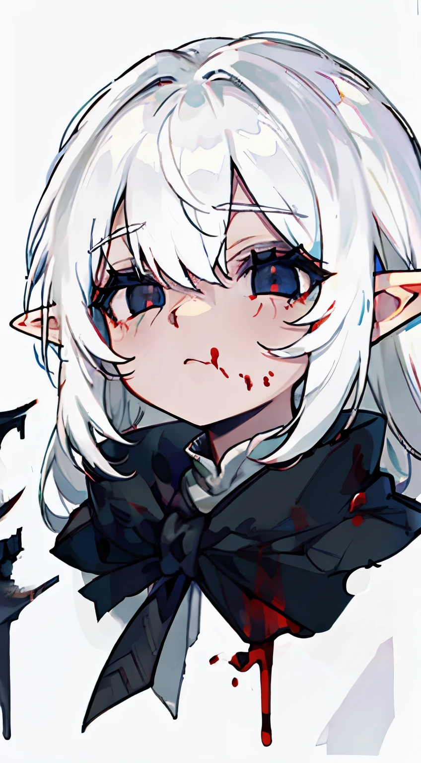 elf, white hair, black blank eyes, blood, white background 