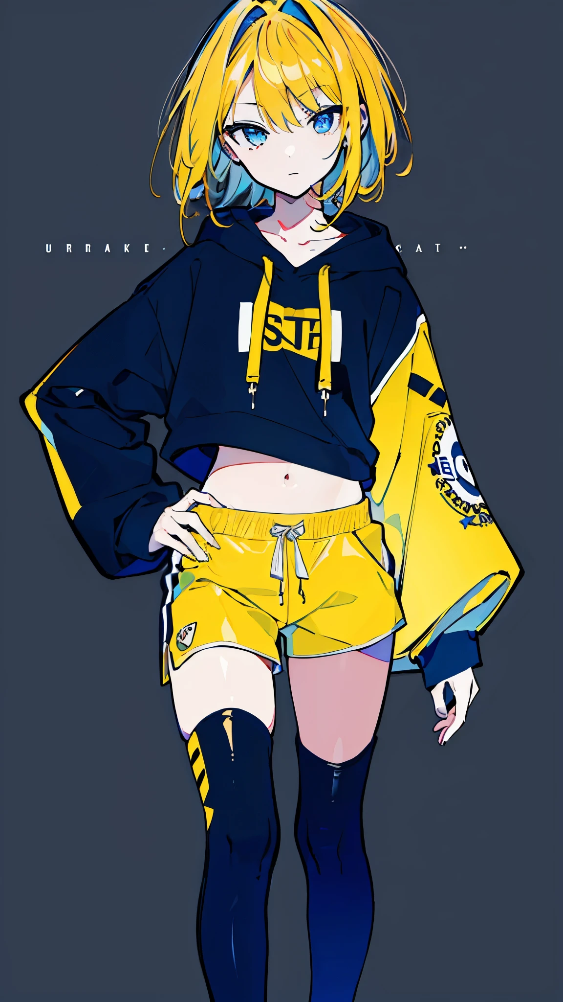 (masterpiece, highest quality:1.6), alone, thick outline, (simple background, Dark yellow background, monochrome, dark yellow theme:1.2), official art, Key Visual, 8K, disorganized, whole body, (Unique hair, Oversized Hoodies, hot pants, arch back, short torso:1.2), belly button, thighs, cowboy shot, HDR, sharp focus, High resolution, most detailed, very detailed, Super detailed, finely, detailed eyes and face, sharp pupils, realistic student, solo, Contrast with light blue