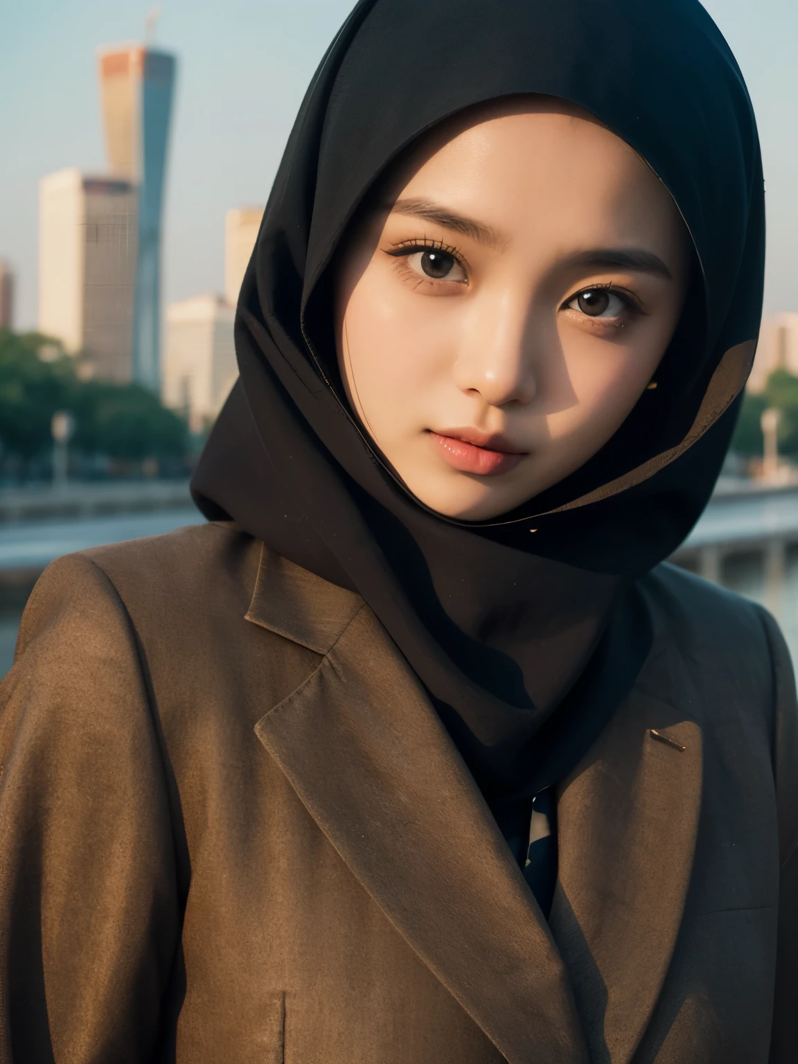 (a beautiful 20-year-old indonesian woman wearing a hijab, confident expression, bright eyes), in front of monas