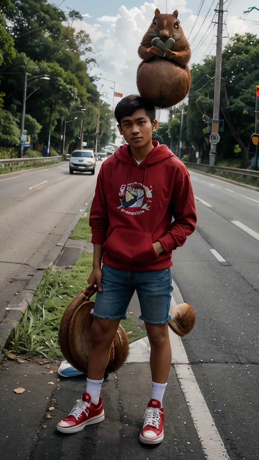 a young Indonesian man aged 30 years wearing a red GAP brand hoodie wearing jeans shorts wearing shoes accompanied by a giant squirrel holding a coconut in the background in the middle of the highway near a red light and people were amazed by this young man
