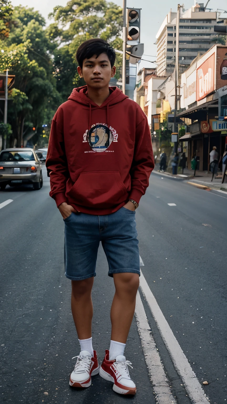 a young Indonesian man aged 30 years wearing a red GAP brand hoodie wearing jeans shorts wearing shoes accompanied by a giant squirrel holding a coconut in the background in the middle of the highway near a red light and people were amazed by this young man