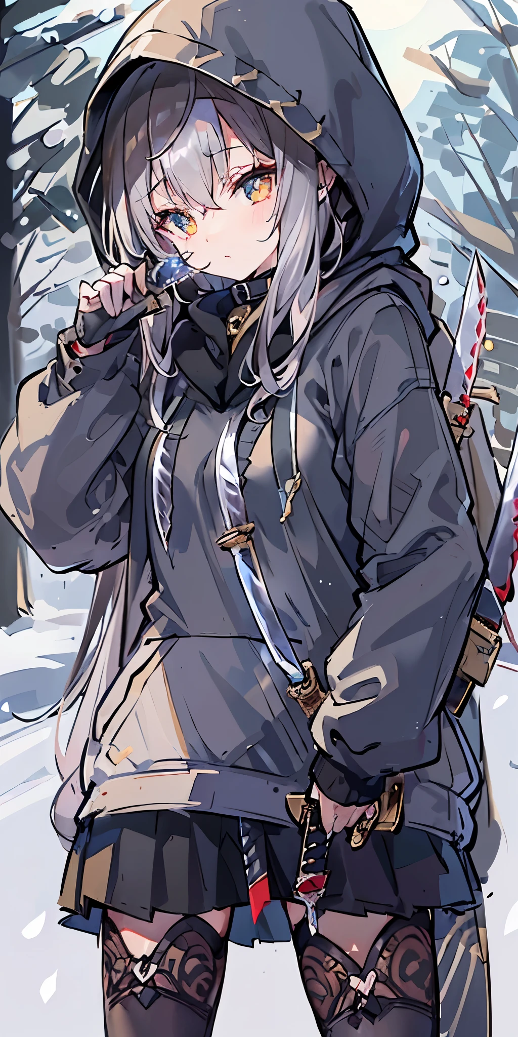 long hair、cute、white stockings、Heart-shaped pupils、solo、gray hair、winter、snow、outdoor、(((golden eyes)))、Ahoge、(((Black hoodie)))、head covering、With weapons、(((((battle)))))、 cold look、 Filmography、 ((((((knife))))))、 village、((((Show the whole body))))、