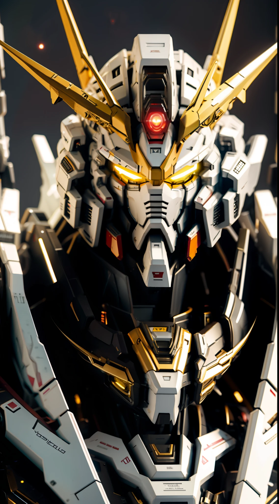 BJ_Gundam,solo,looking_at_viewer,yellow_eyes,no_humans,glowing,robot,portrait,mecha,glowing_eyes,science_fiction,straight-on,v-fin,mobile_suit,cinematic lighting,strong contrast,high level of detail,Best quality,masterpiece,
