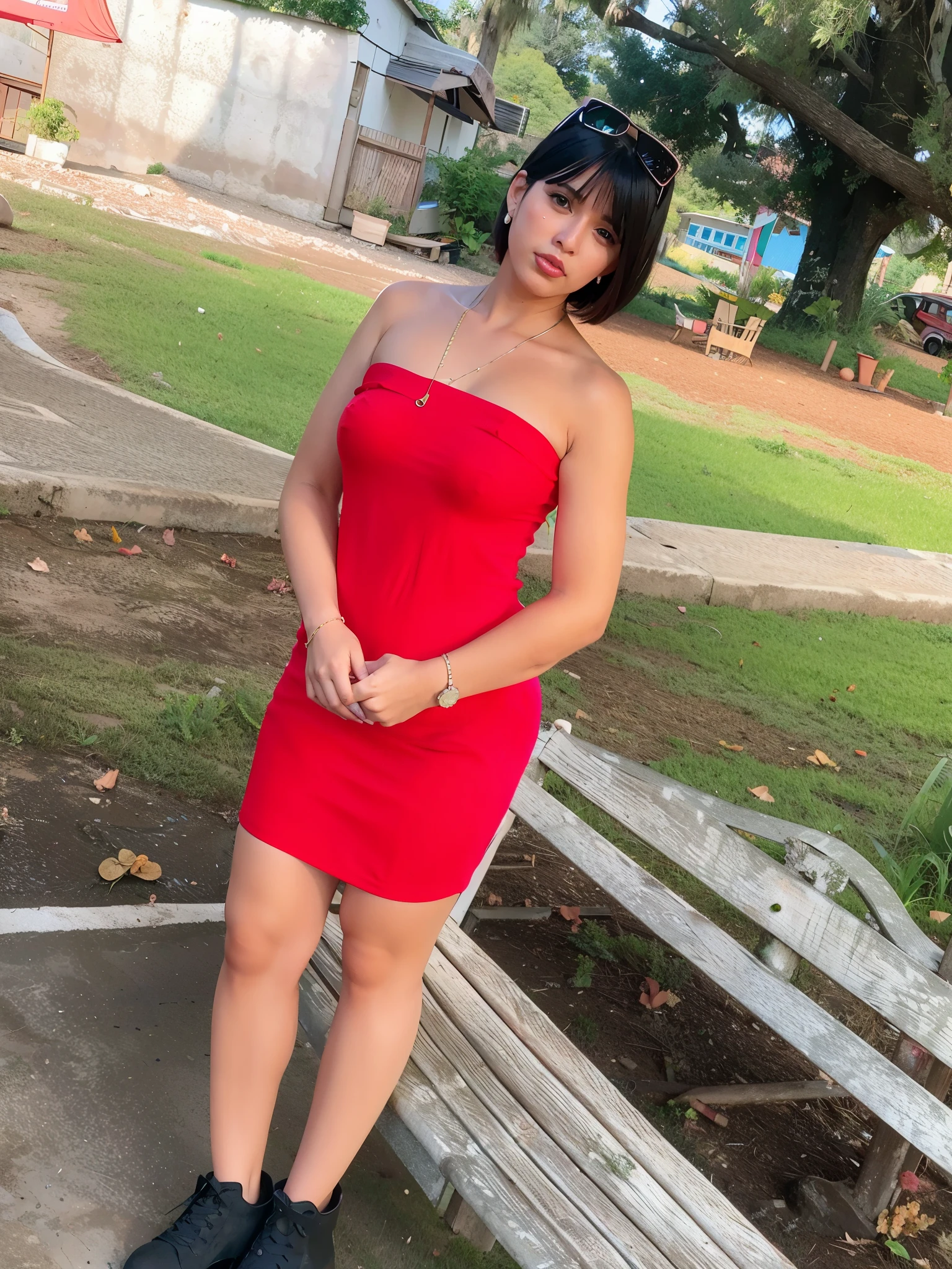 there is a woman en un vestido rojo posing on a bench, 30 year old Cuban woman., alani guillen, lorena avarez, vestido corto rojo, en un vestido rojo, usando un vestido rojo, violeta myers, Karla Ortiz, usando un vestido rojo, julia fuentes, 30 year old woman, 3 0 year old woman