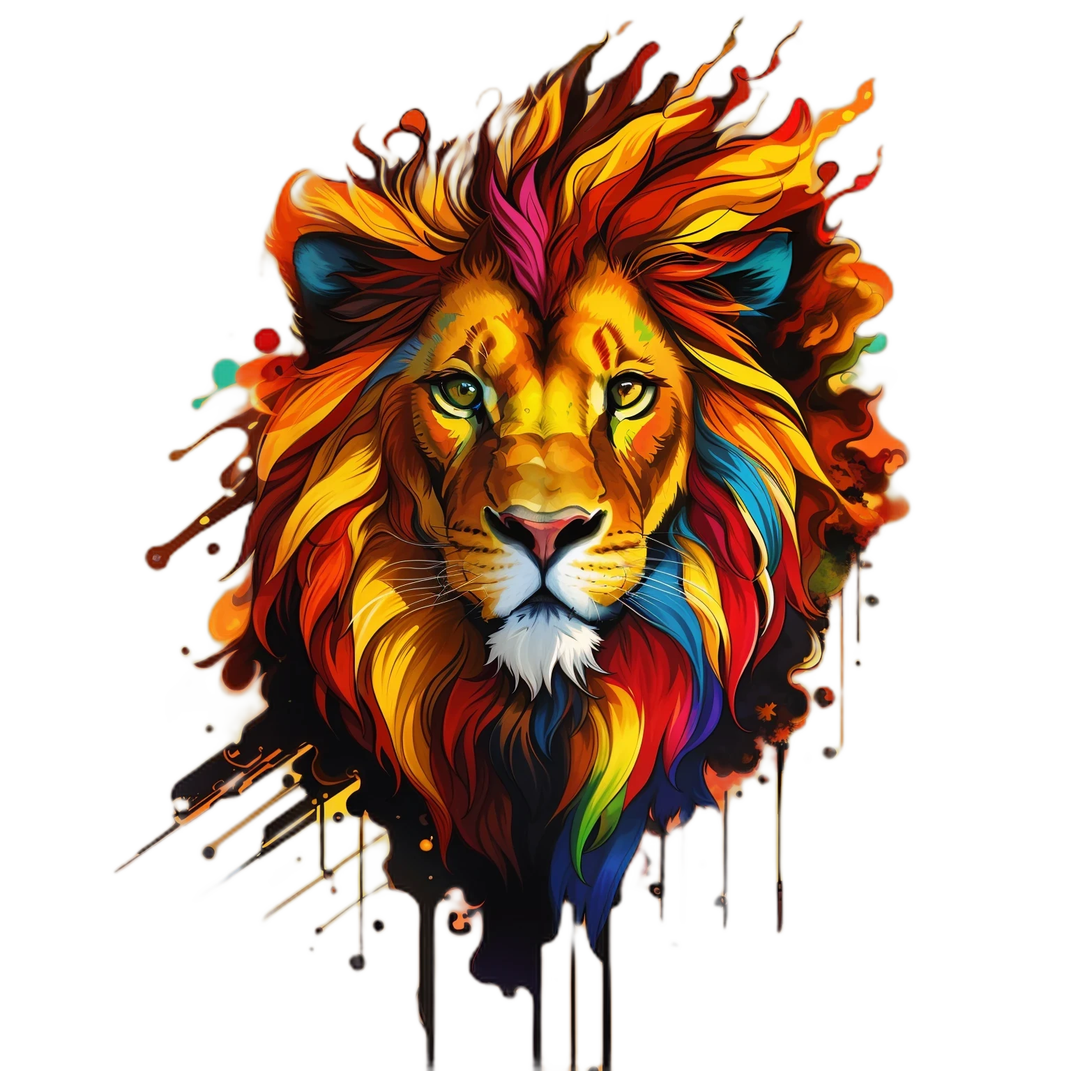 a lion with a colorful mane on its head, lion head, half lion, 2 d full body lion, with the mane of a lion, third lion head, full of colors and rich detail, strong and vibrant colors, extremely high quality artwork, ✏️🎨, strong colors, fire lion, colorfull illustration, king of the jungle, nice colors