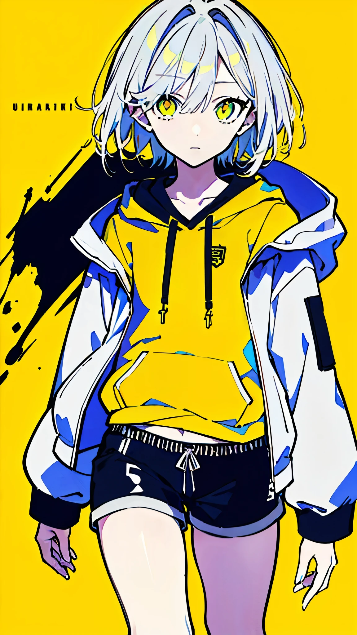 (masterpiece, highest quality:1.6), alone, thick outline, (simple background, Dark yellow background, monochrome, dark yellow theme:1.2), official art, Key Visual, 8K, disorganized, whole body, (Unique hair, Oversized Hoodies, hot pants, arch back, short torso:1.2), belly button, thighs, cowboy shot, HDR, sharp focus, High resolution, most detailed, very detailed, Super detailed, finely, detailed eyes and face, sharp pupils, realistic student, solo, light blue contrast