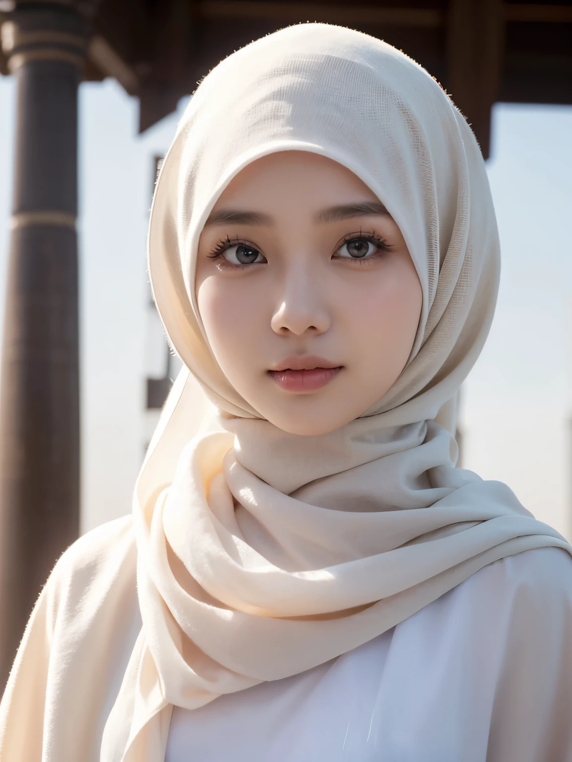 (a beautiful 20-year-old indonesian woman wearing a hijab, confident expression, bright eyes), in front of mekkah