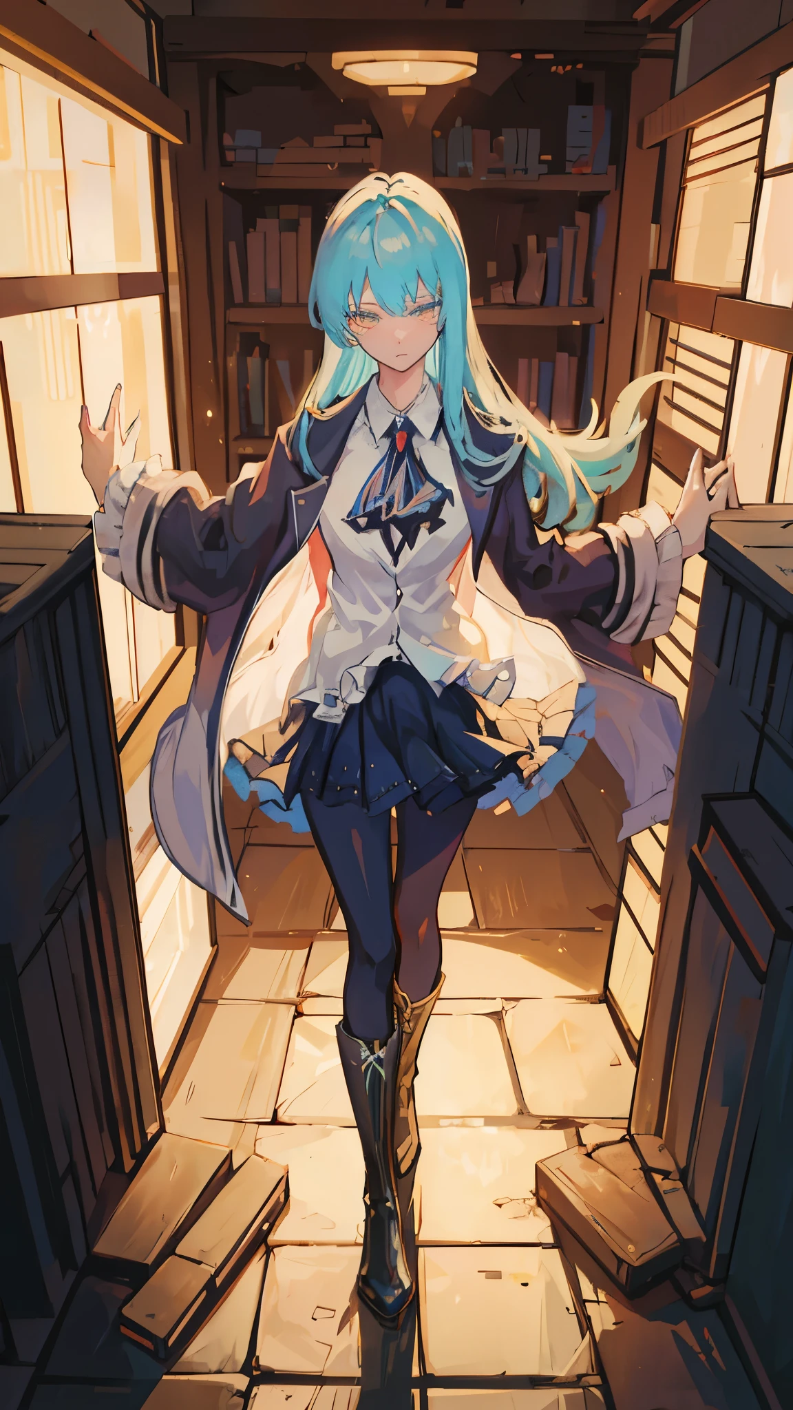 A slim anime girl with long blue hair，1.76 meters，Indigo long trench coat，，Indigo blue boots full body image，From the Library of Ruins，Ruined library style，from Lobotomy Inc.，black pantyhose，golden eyes golden shining pupils， PremiumQuality， highest quality，from Lobotomy Inc.， Moon Project风格，Moon Project,short skirt，Black blazer，Angela