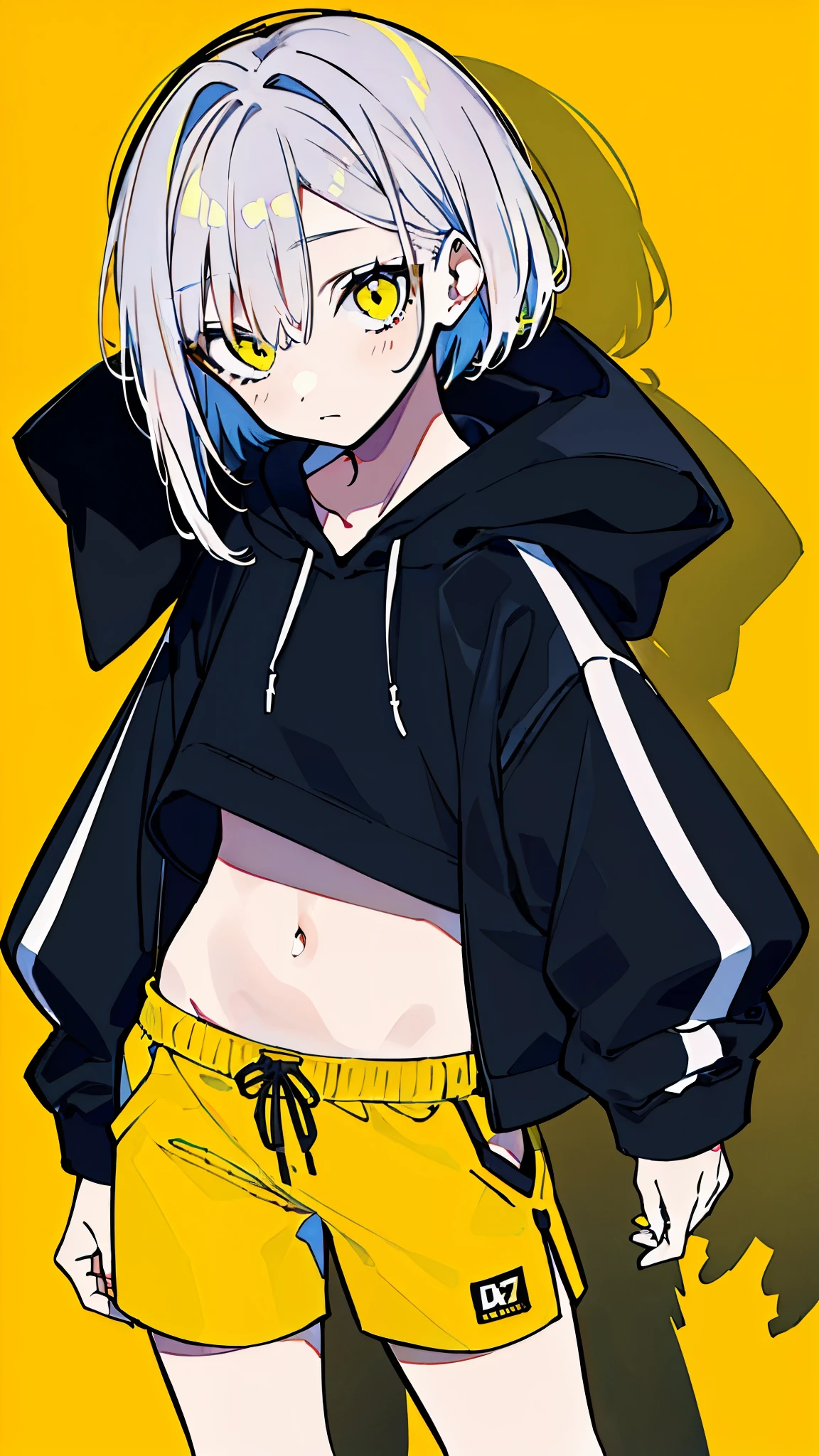 (masterpiece, highest quality:1.6), alone, thick outline, (simple background, Dark yellow background, monochrome, dark yellow theme:1.2), official art, Key Visual, 8K, disorganized, whole body, (Unique hair, Oversized Hoodies, hot pants, arch back, short torso:1.2), belly button, thighs, cowboy shot, HDR, sharp focus, High resolution, most detailed, very detailed, Super detailed, finely, detailed eyes and face, sharp pupils, realistic student