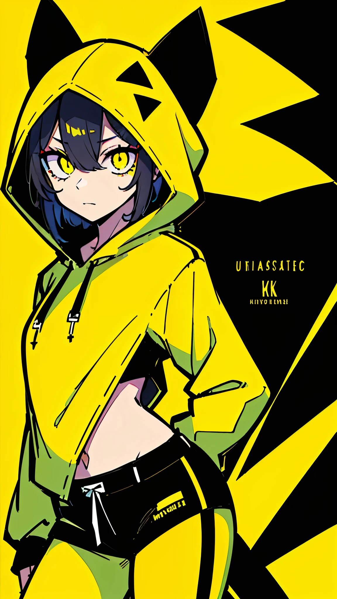 (masterpiece, highest quality:1.6), alone, thick outline, (simple background, Dark yellow background, monochrome, dark yellow theme:1.2), official art, Key Visual, 8K, disorganized, whole body, (Unique hair, Black oversized hoodie, The hoodie has black text on it., Yellow hot pants, arch back, short torso:1.2), belly button, thighs, cowboy shot, HDR, sharp focus, High resolution, most detailed, very detailed, Super detailed, finely, detailed eyes and face, sharp pupils, realistic student