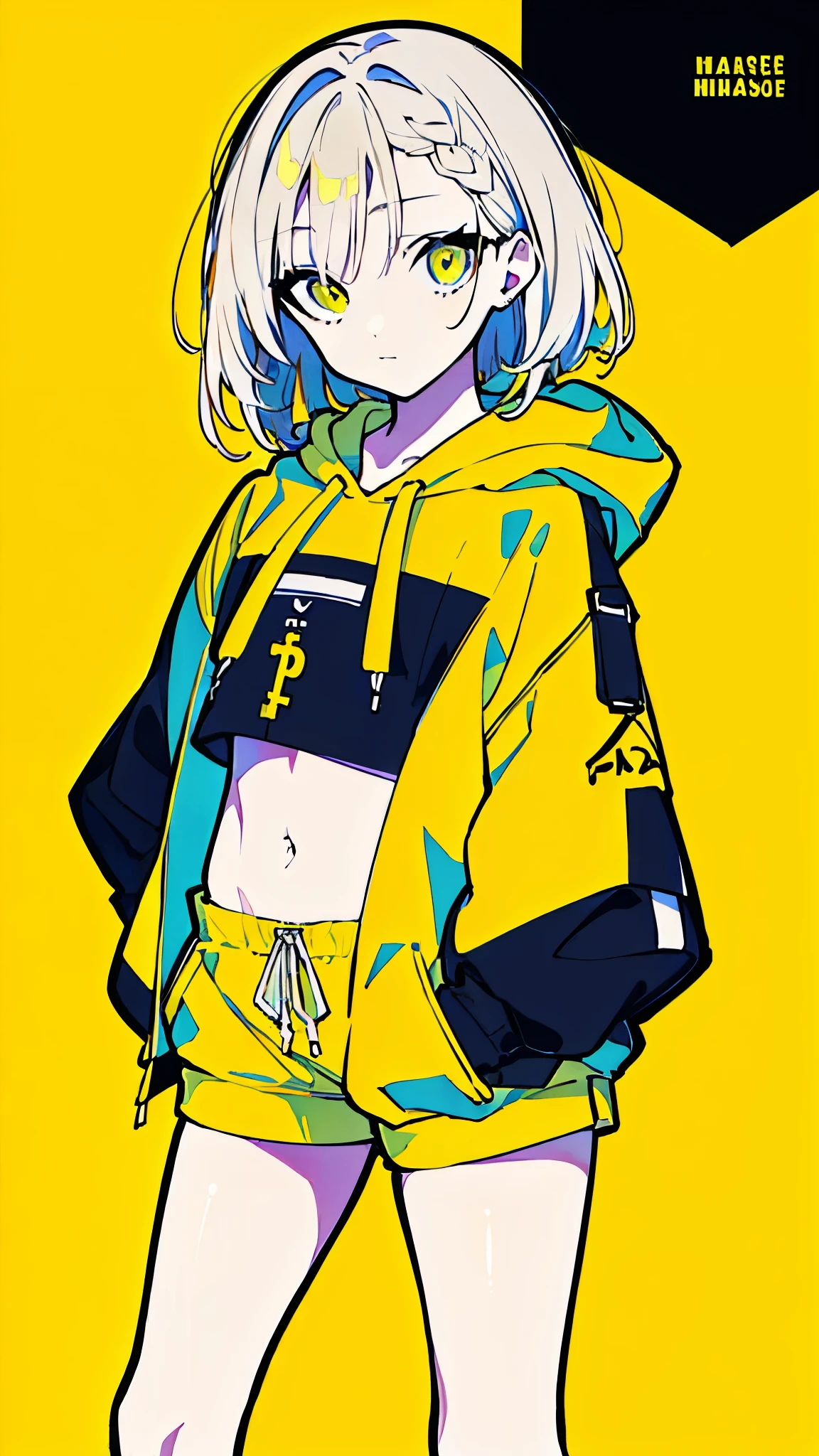 (masterpiece, highest quality:1.6), alone, thick outline, (simple background, Dark yellow background, monochrome, dark yellow theme:1.2), official art, Key Visual, 8K, disorganized, whole body, (Unique hair, Oversized Hoodies, hot pants, arch back, short torso:1.2), belly button, thighs, cowboy shot, HDR, sharp focus, High resolution, most detailed, very detailed, Super detailed, finely, detailed eyes and face, sharp pupils, realistic student, solo