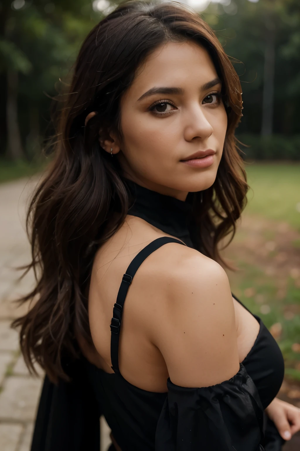 best quality, ultra high res, (photorealistic:1.4), masterpiece, 1 latin woman, 50 years old, black dress, black_eyes, from_behind, fur_trim, hair_over_one_eye, lips, long_curly_hair, make up, looking_at_viewer, looking_back, nose, photo_(medium), photorealistic, realistic, solo, upper_body, shot with Sony Alpha a9 II and Sony FE 200-600mm f/5.6-6.3 G OSS lens, natural ligh, hyper realistic photograph, ultra detailed –ar 3:2 –q 2 –s 750