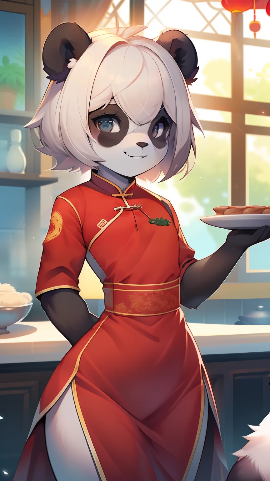 Best quality, Super detailed illustration, (1 boy:1.2), (Fluffy panda:1.4) , feminine face and body, disheveled thick hair, Chinese dress, Chef, shy smile, Femboy, small waist, wide hips, Slim, perfect body, DND style, uploaded to e621