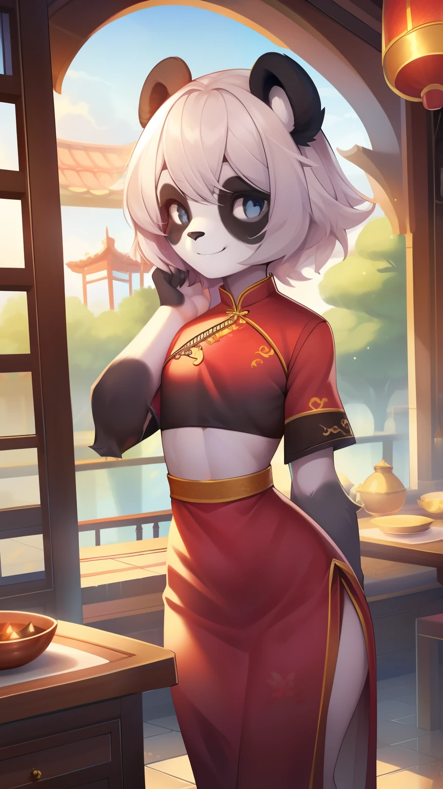 Best quality, Super detailed illustration, (1 boy:1.2), (Fluffy panda:1.4) , feminine face and body, disheveled thick hair, Chinese dress, Chef, shy smile, Femboy, small waist, wide hips, Slim, perfect body, DND style