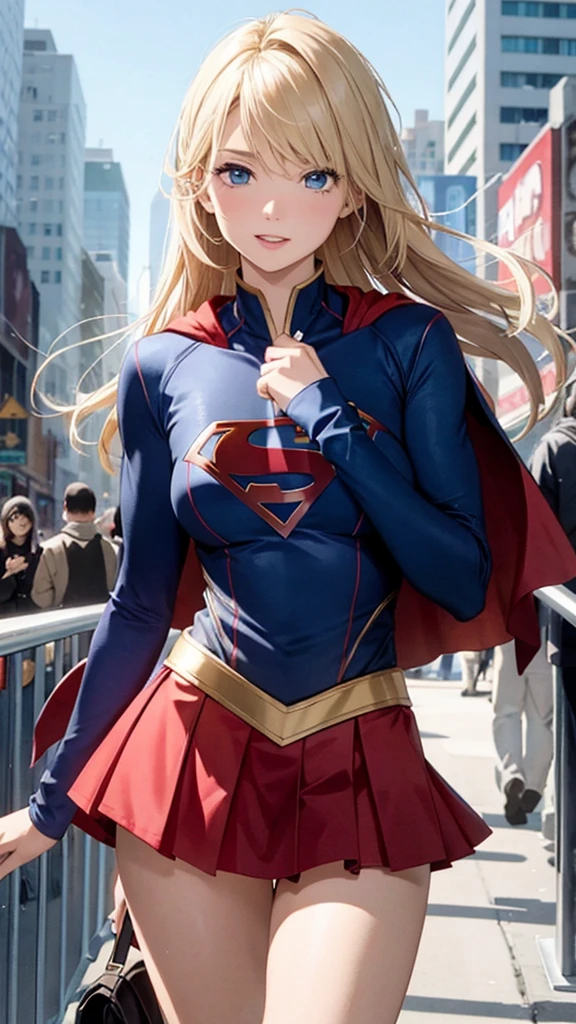 Supergirl, S symbol in chest, small breasts, short skirt, new york in background,