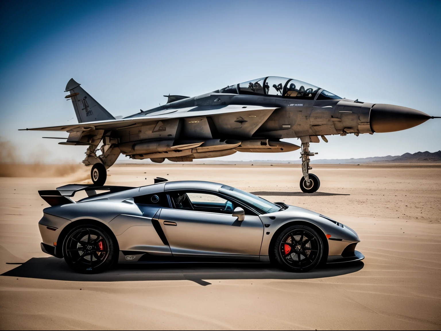 photo professionnelle d'une super car dans un desert avec un ((fighter plane)) au dessus dans le fond epic composition. cinematic light. arriflex, angenieux lens.