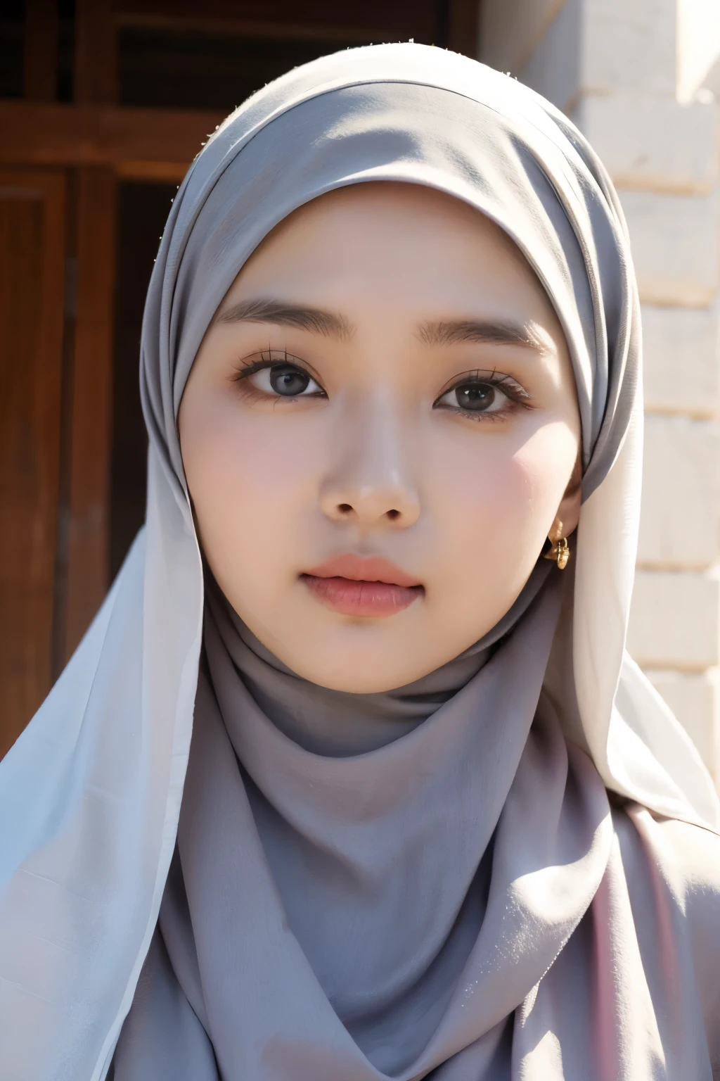 (a beautiful 20-year-old indonesian woman wearing a hijab, confident expression, bright eyes), in front of mekkah