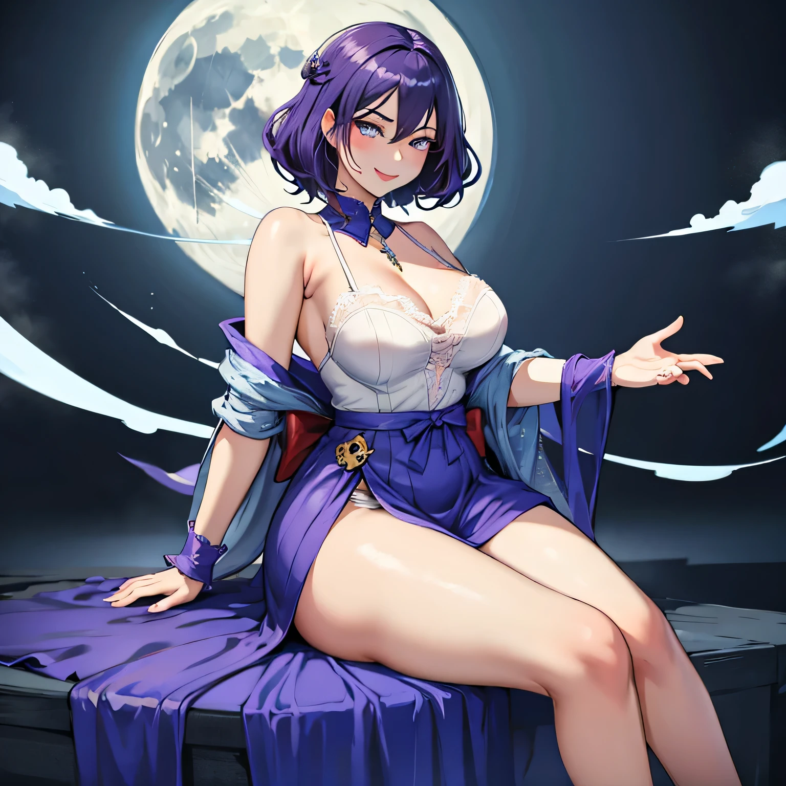 Beautiful girl with violet hair, in babydoll, sitting on the moon, smiling