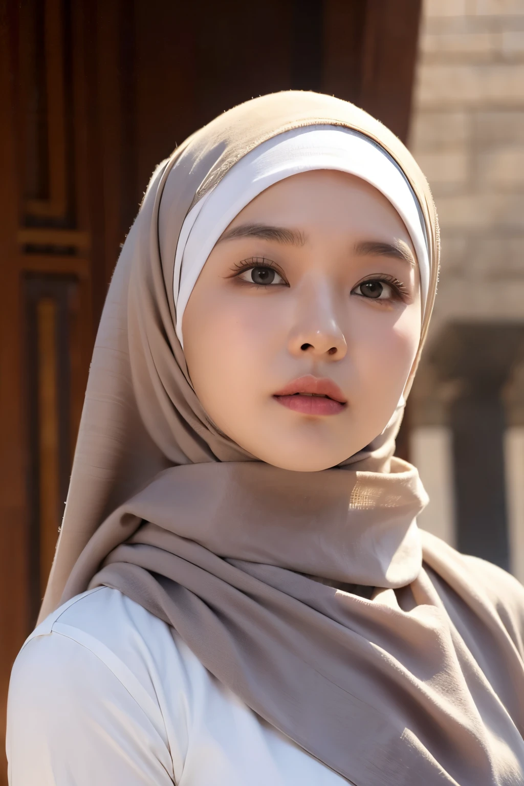 (a beautiful 20-year-old indonesian woman wearing a hijab, confident expression, bright eyes), in front of mekkah
