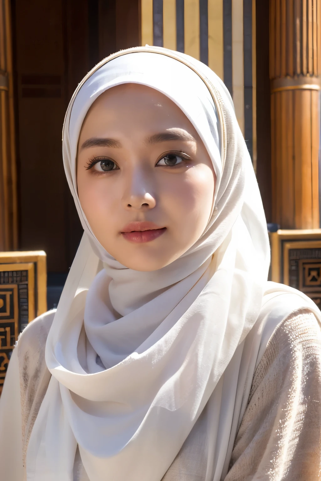 (a beautiful 20-year-old indonesian woman wearing a hijab, confident expression, bright eyes), in front of mekkah